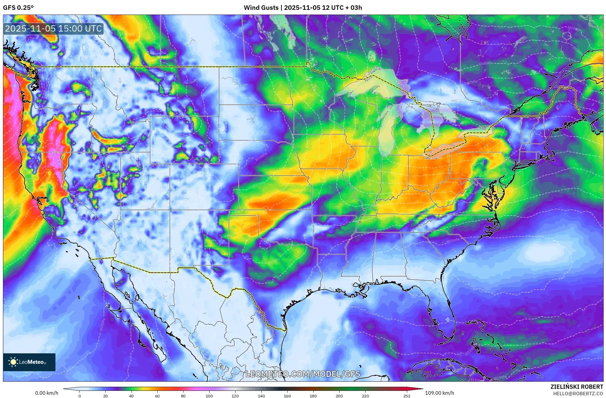 GFS model - United States, Wind Gusts
