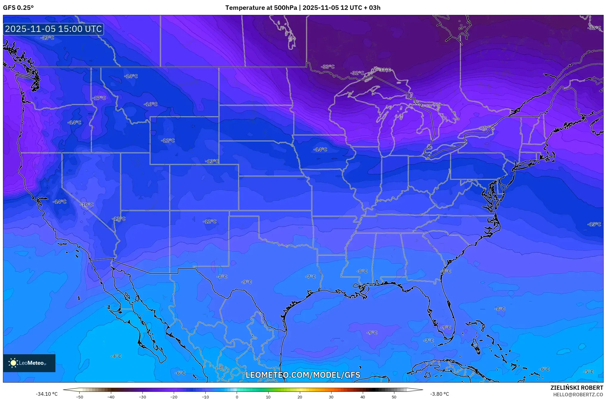 GFS model - United States, Temperature at 500hPa