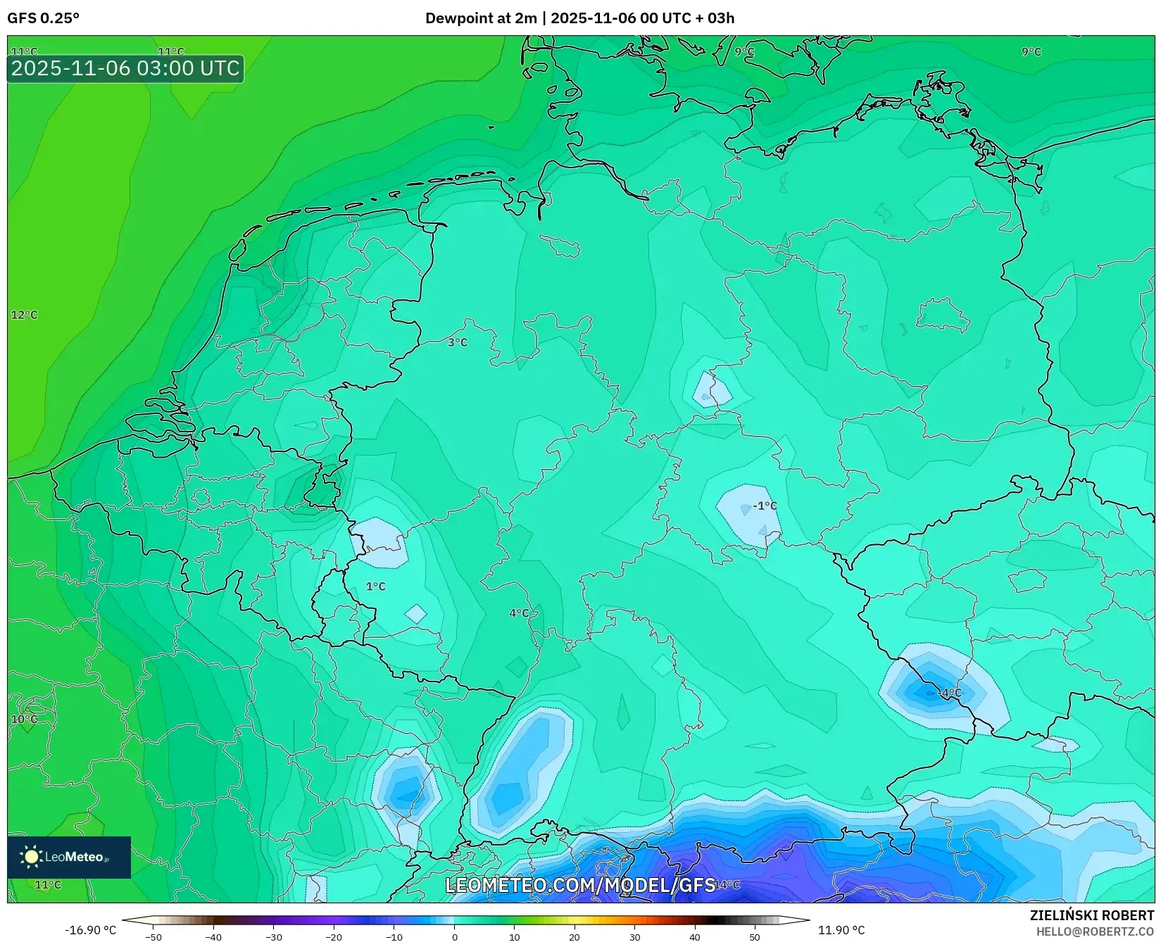 GFS model - Germany, Dewpoint at 2m