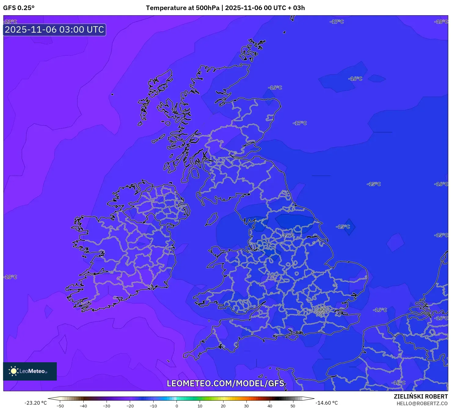 GFS model - United Kingdom, Temperature at 500hPa