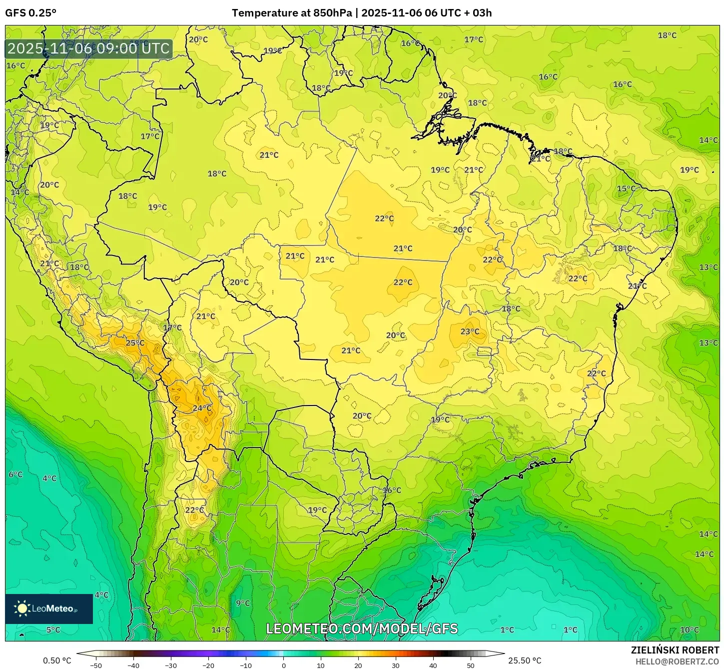 GFS model - Brazil, Temperature at 850hPa