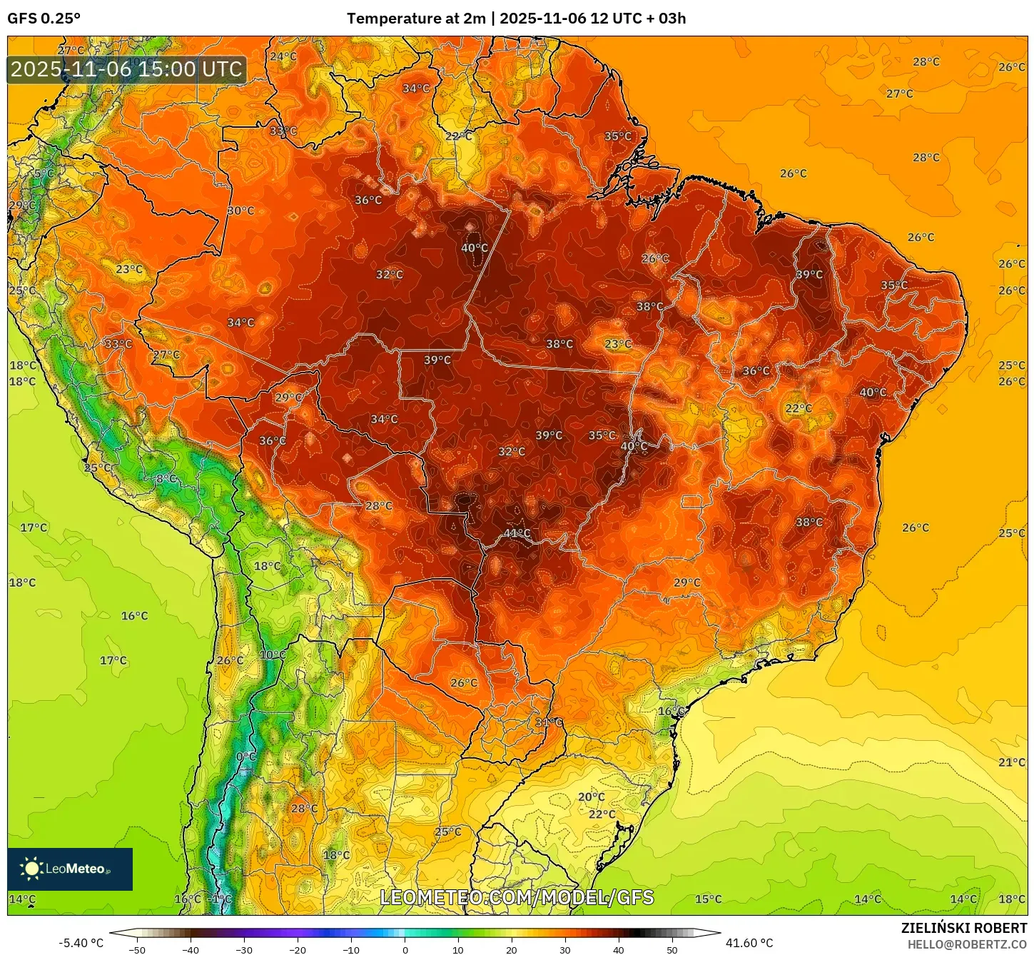 GFS model - Brazil, Temperature at 2m