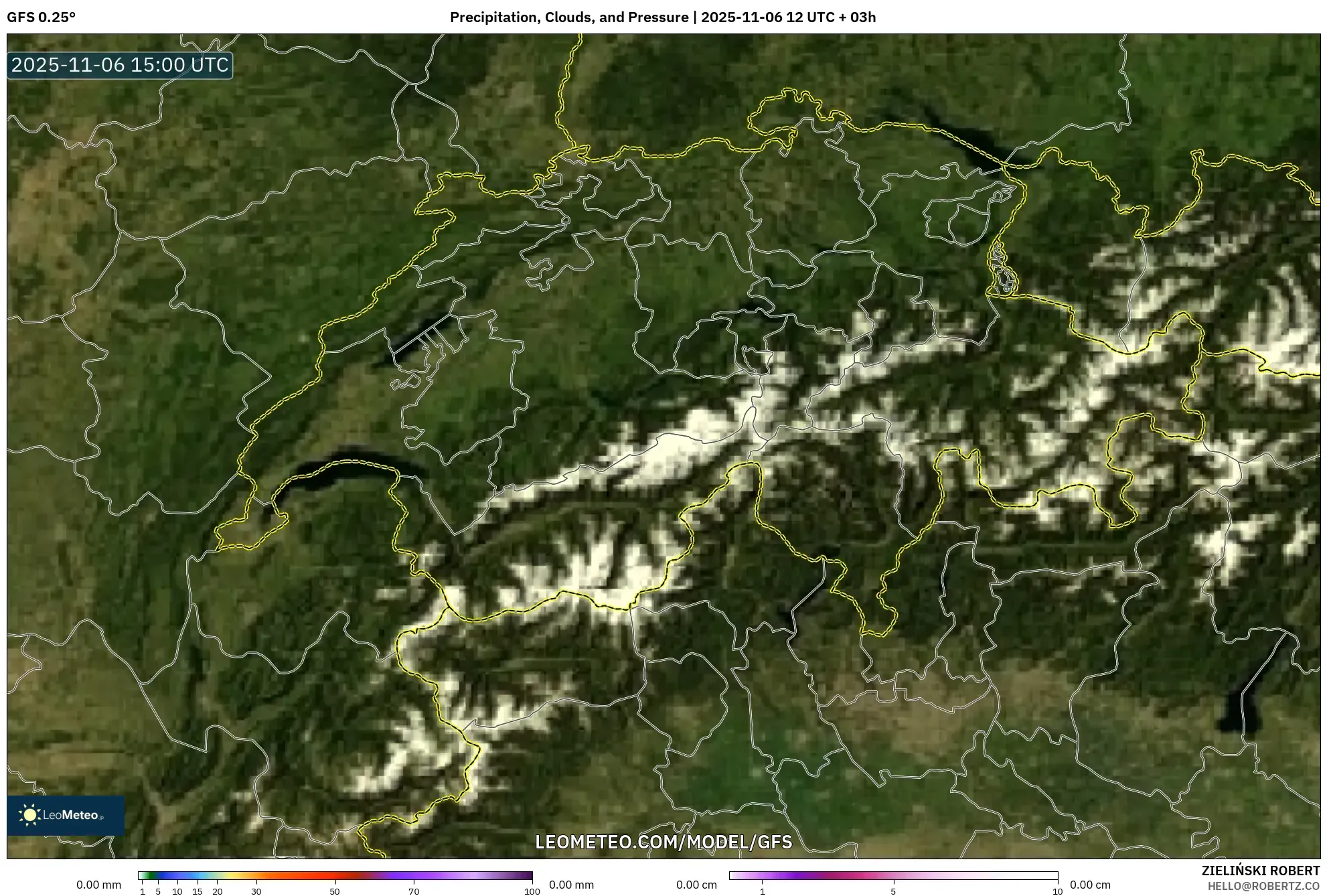 GFS model - Switzerland, Precipitation, Clouds, and Pressure