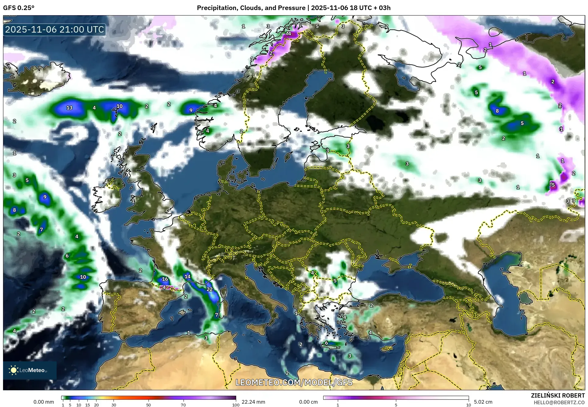 GFS model - Europe, Precipitation, Clouds, and Pressure