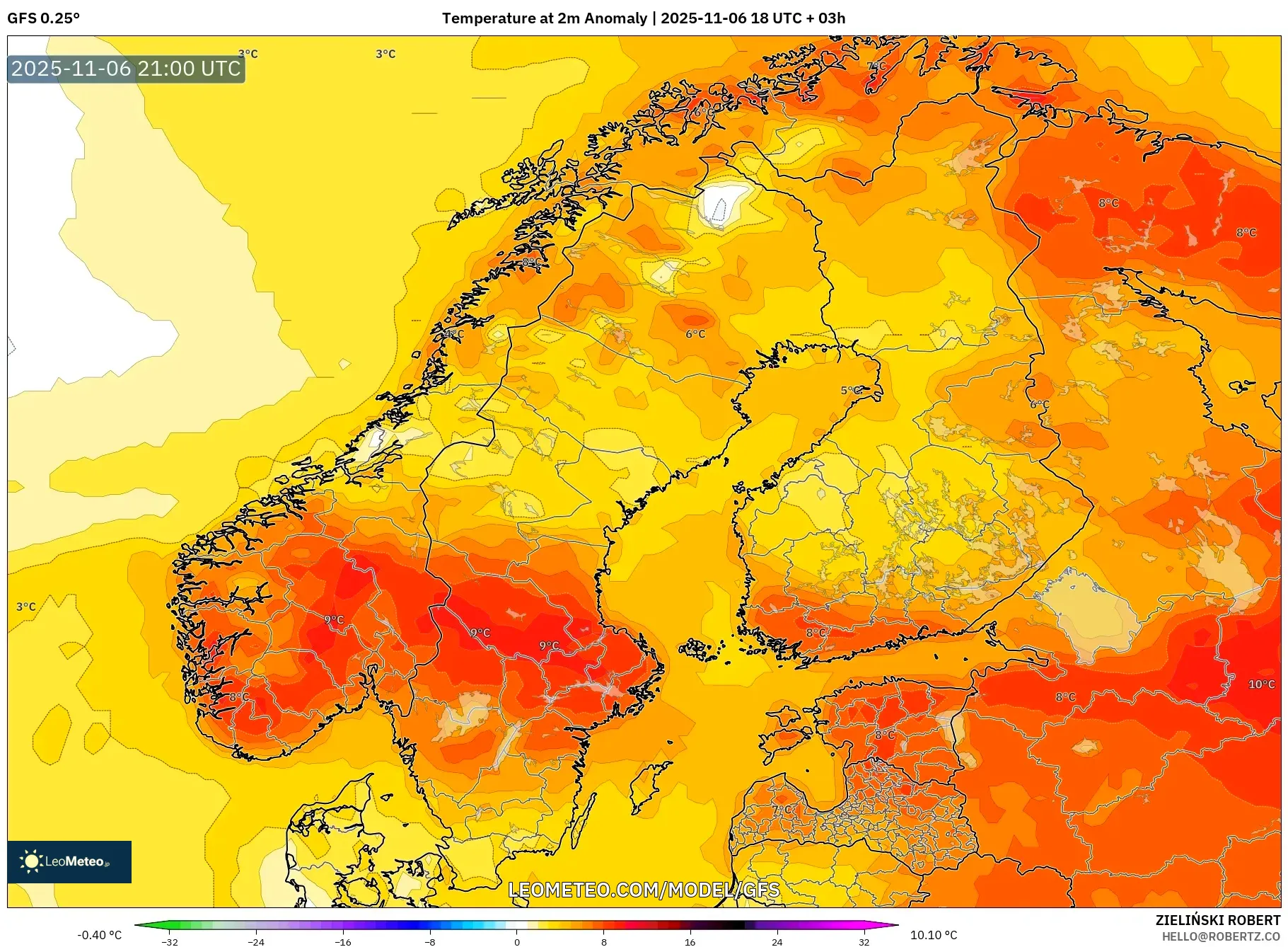 GFS model - Scandinavia, Temperature at 2m Anomaly