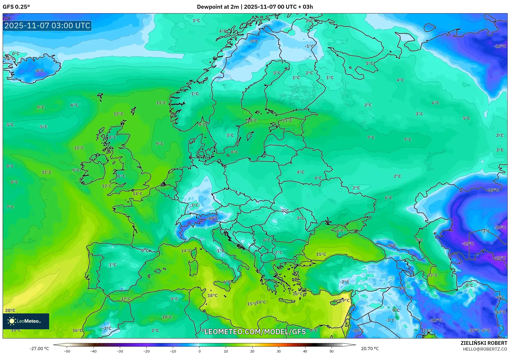 GFS model - Europe, Dewpoint at 2m