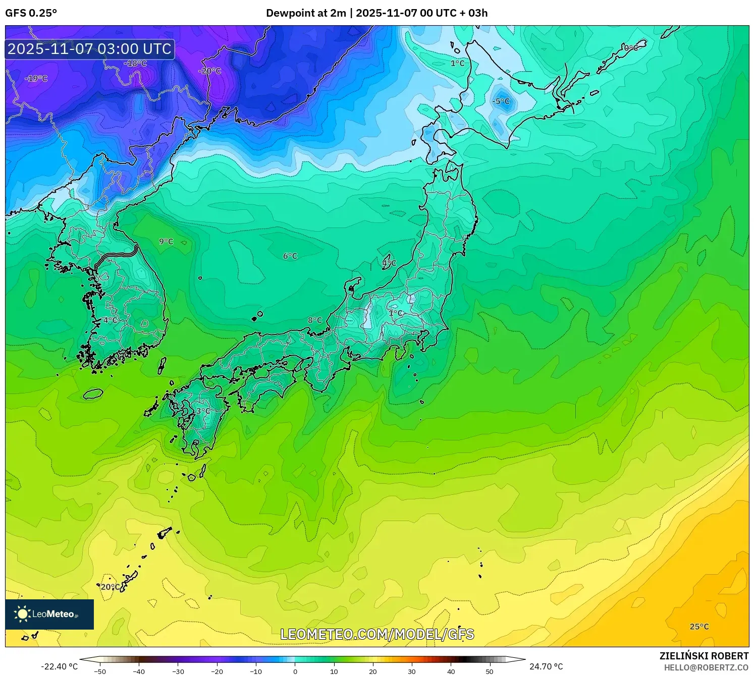 GFS model - Japan, Dewpoint at 2m