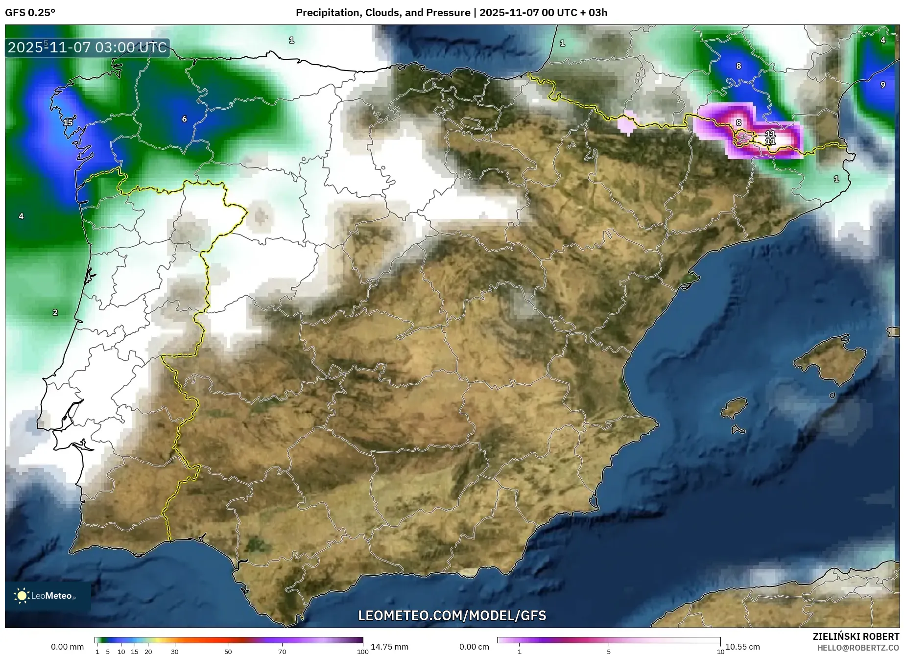 GFS model - Spain, Precipitation, Clouds, and Pressure