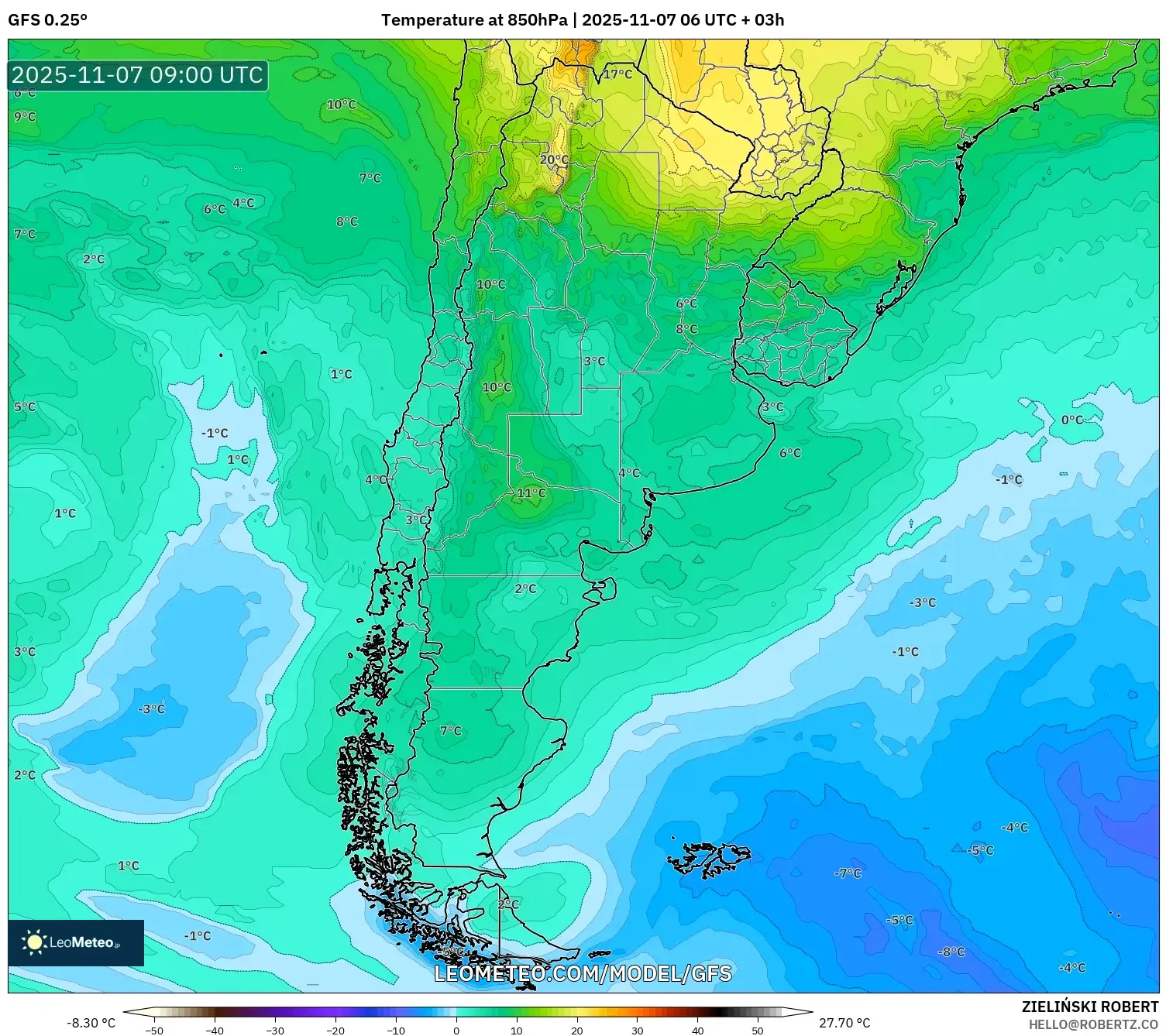 GFS model - Argentina, Temperature at 850hPa