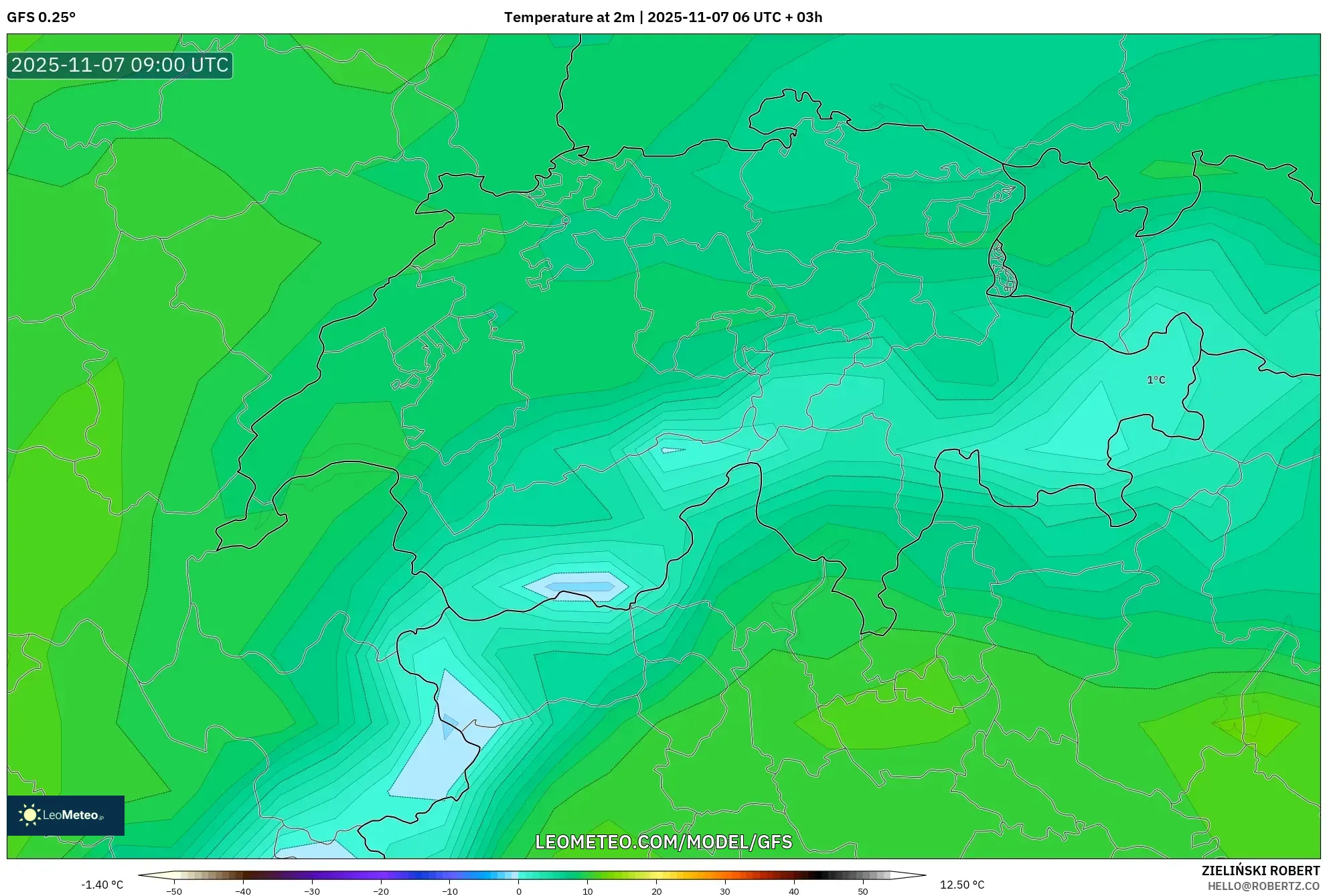 GFS model - Switzerland, Temperature at 2m