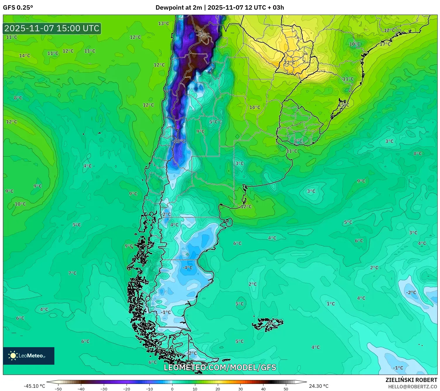 GFS model - Argentina, Dewpoint at 2m