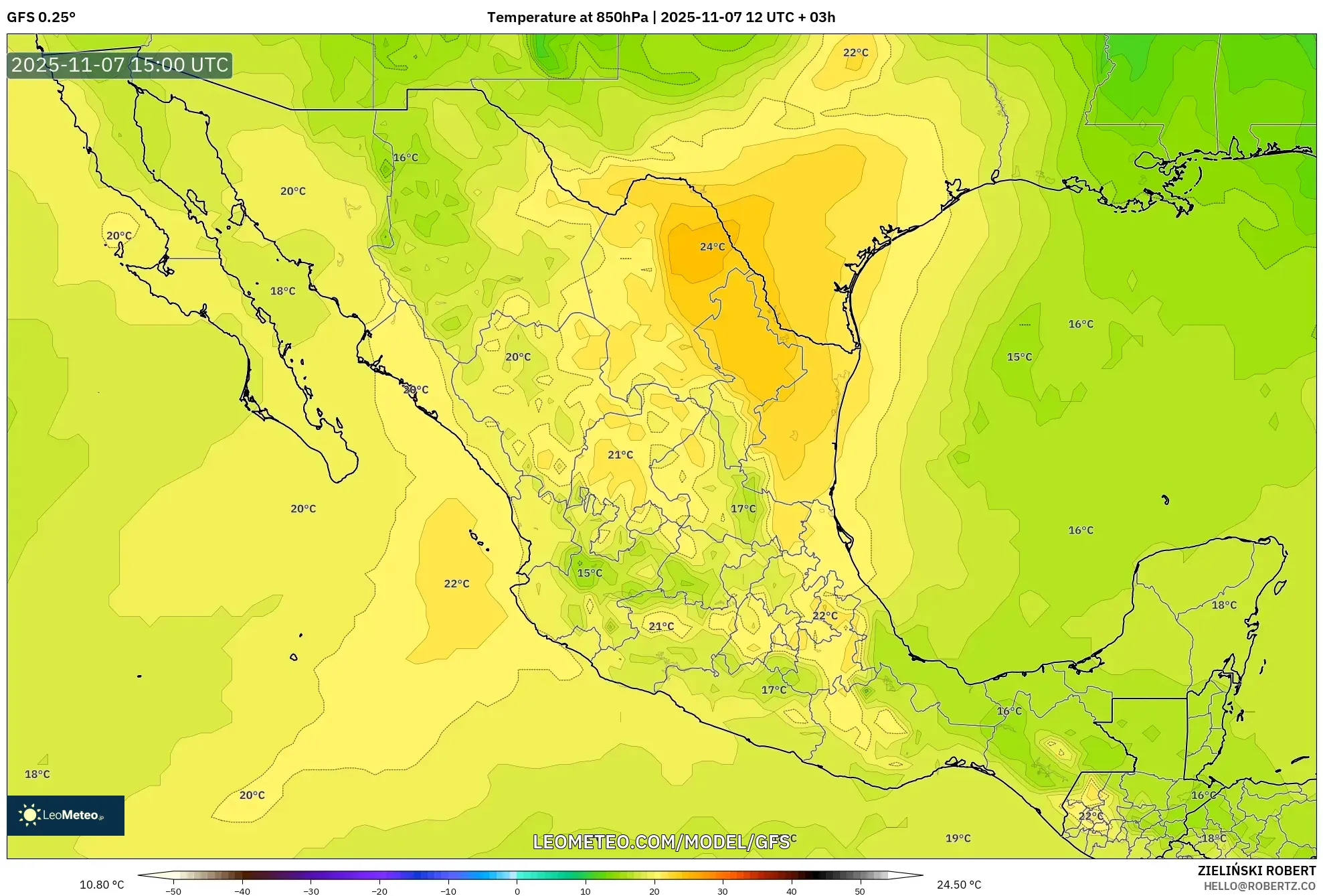 GFS model - Mexico, Temperature at 850hPa
