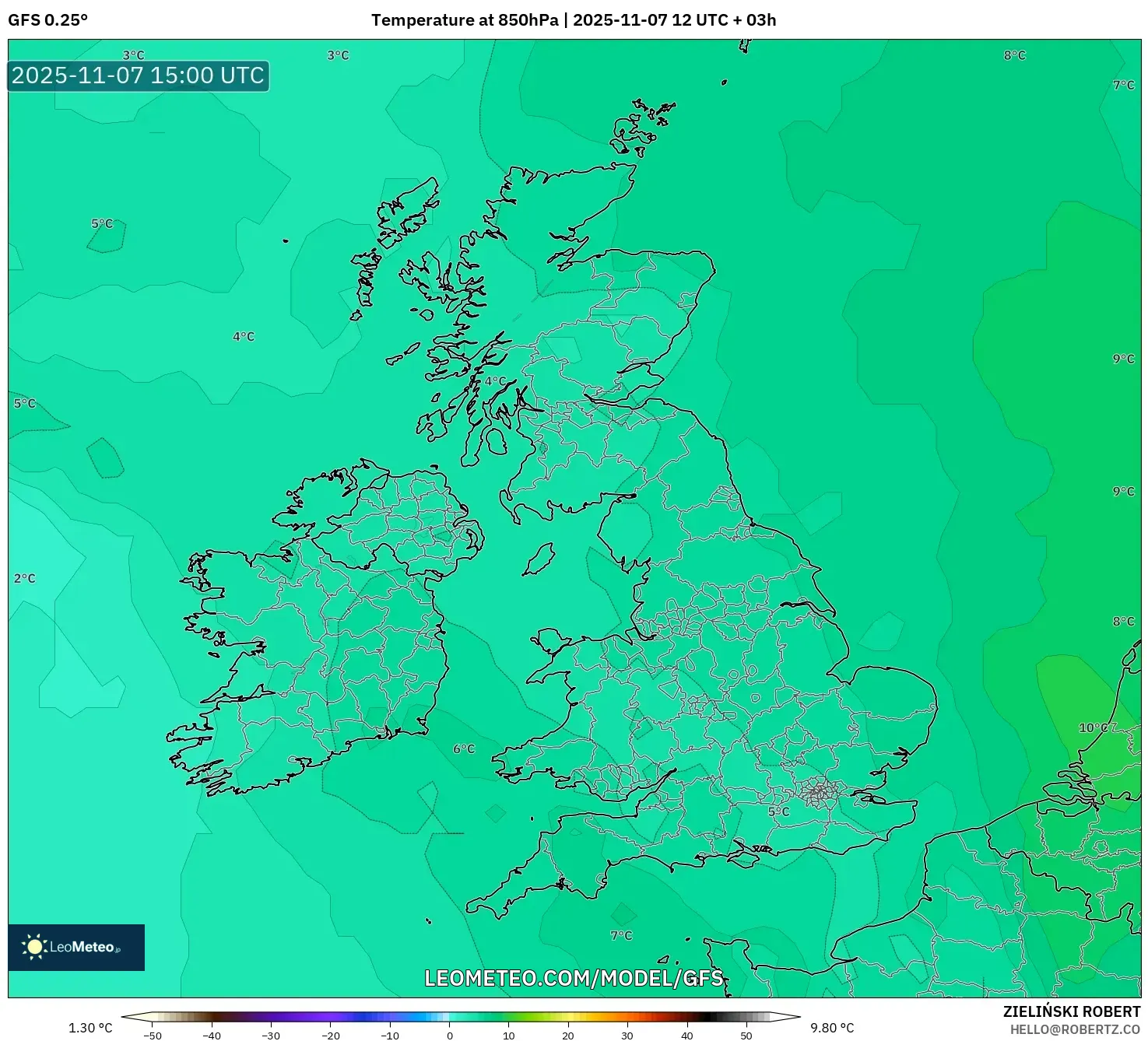 GFS model - United Kingdom, Temperature at 850hPa