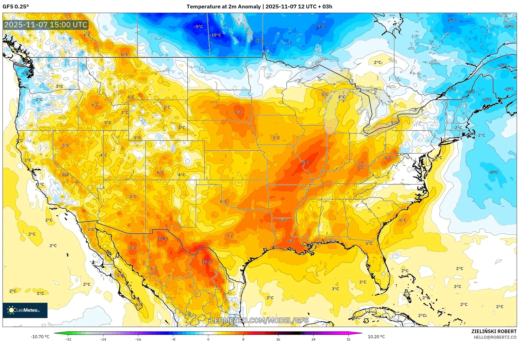 GFS model - United States, Temperature at 2m Anomaly