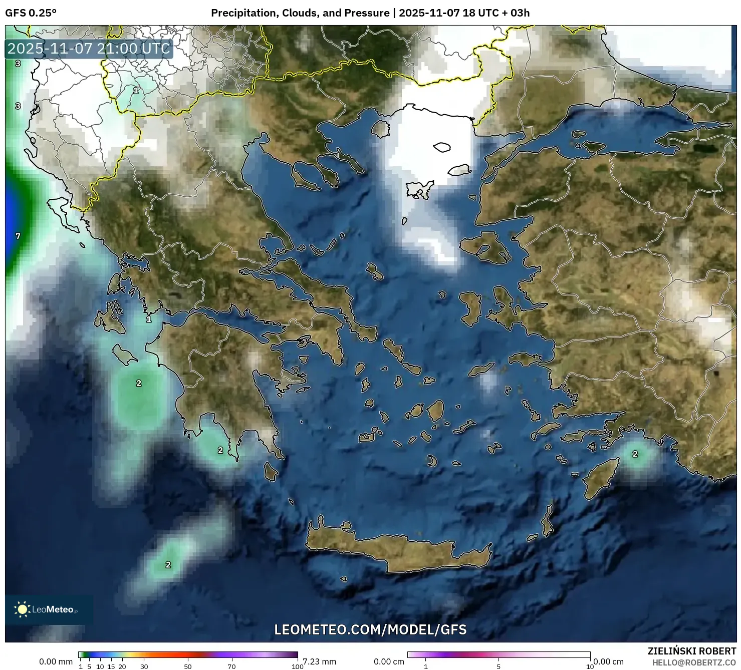 GFS model - Greece, Precipitation, Clouds, and Pressure