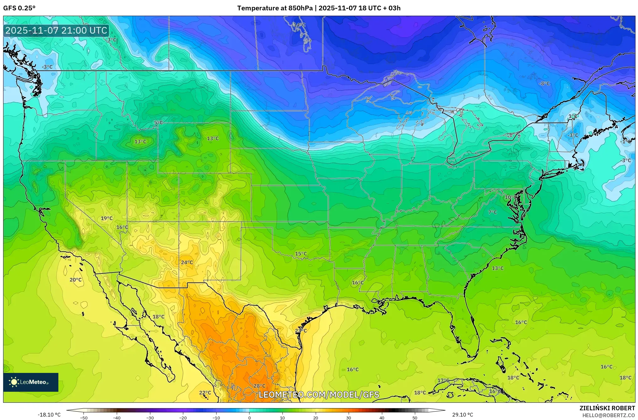 GFS model - United States, Temperature at 850hPa