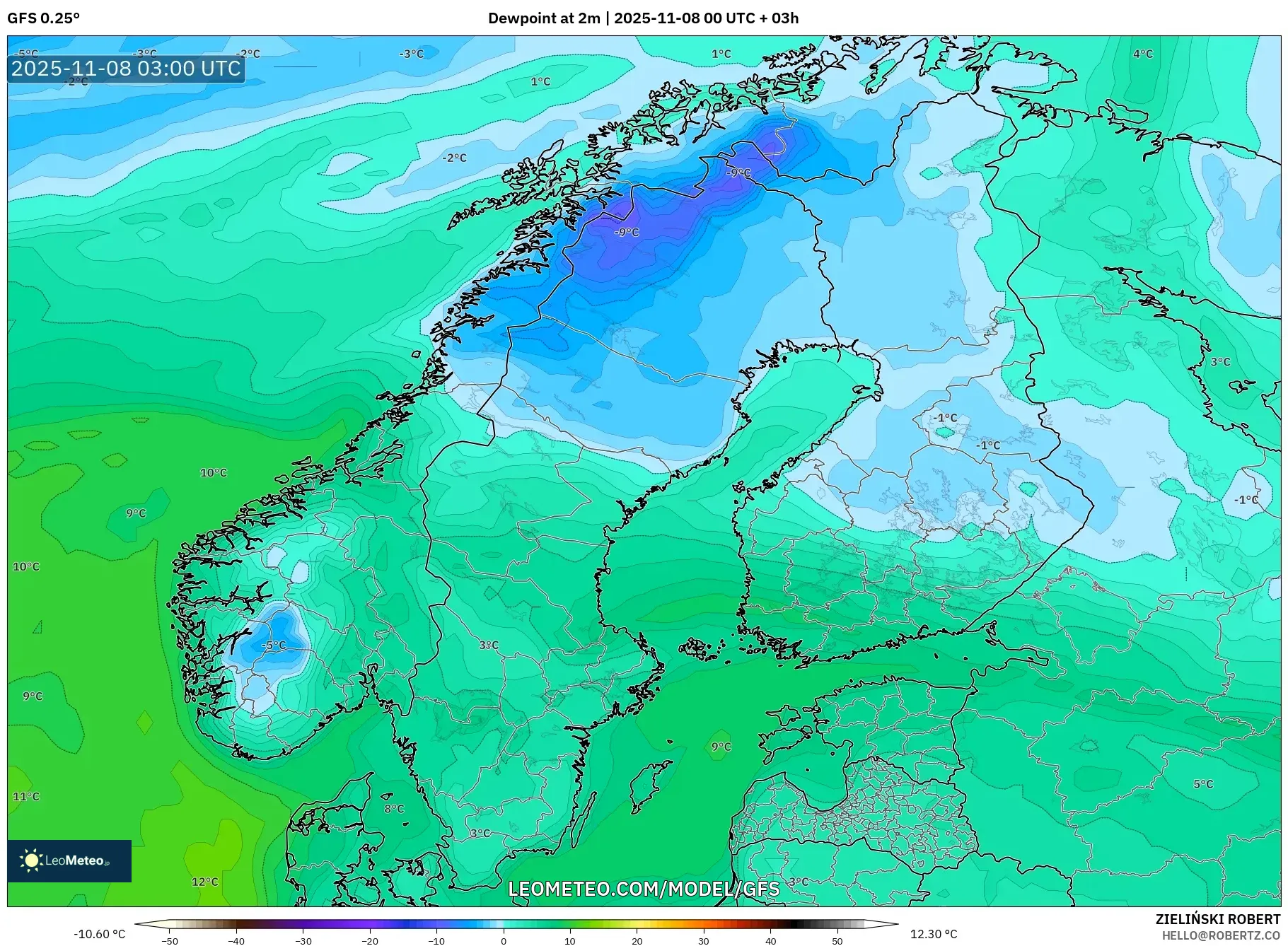 GFS model - Scandinavia, Dewpoint at 2m