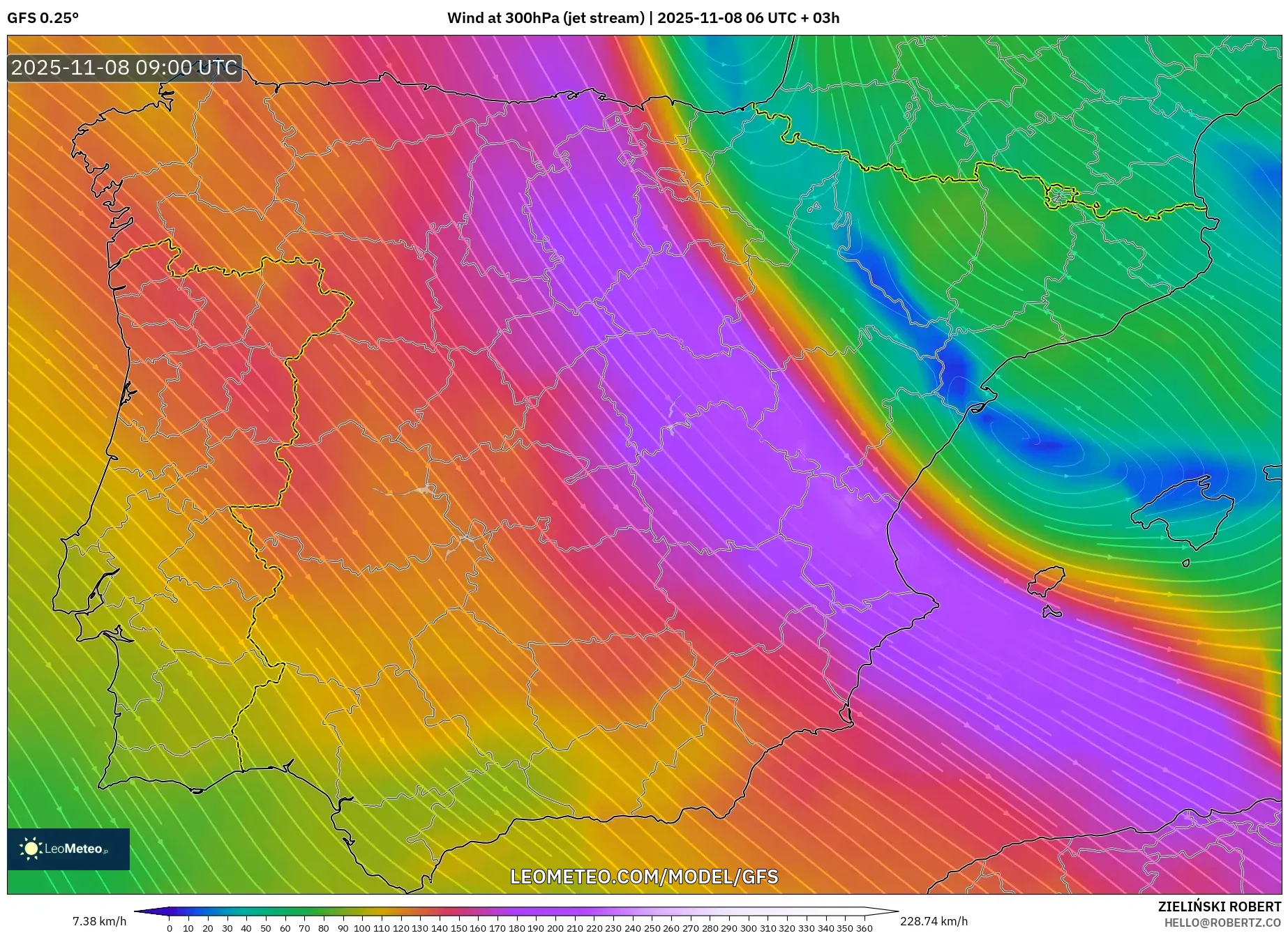 GFS model - Spain, Wind at 300hPa (jet stream)