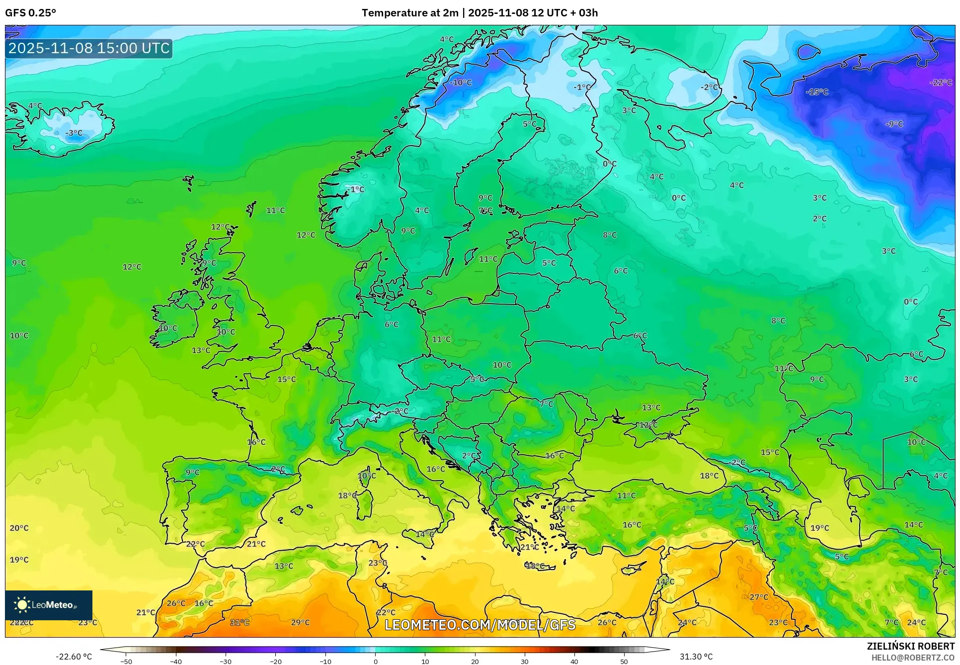 GFS model - Europe, Temperature at 2m