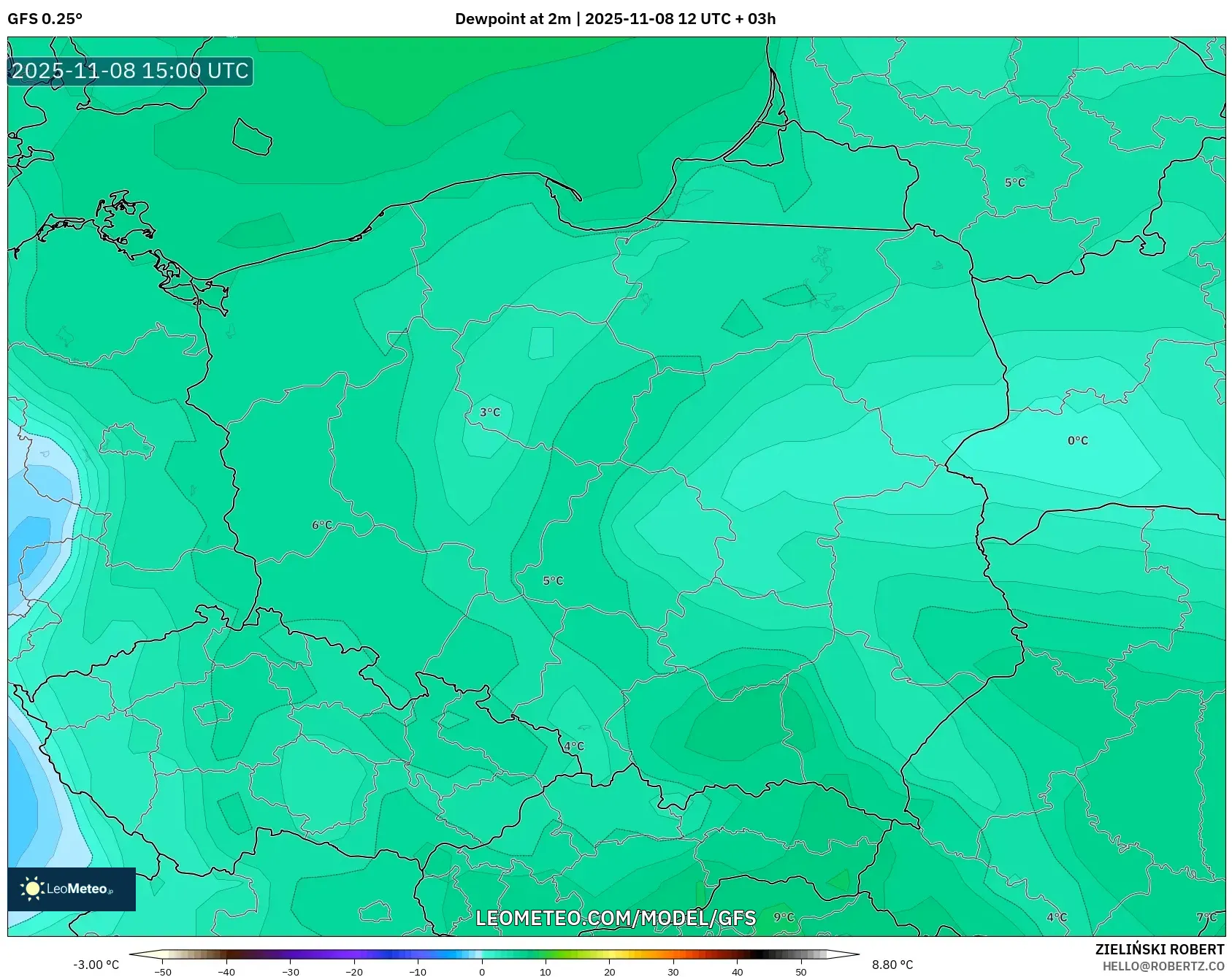 GFS model - Poland, Dewpoint at 2m