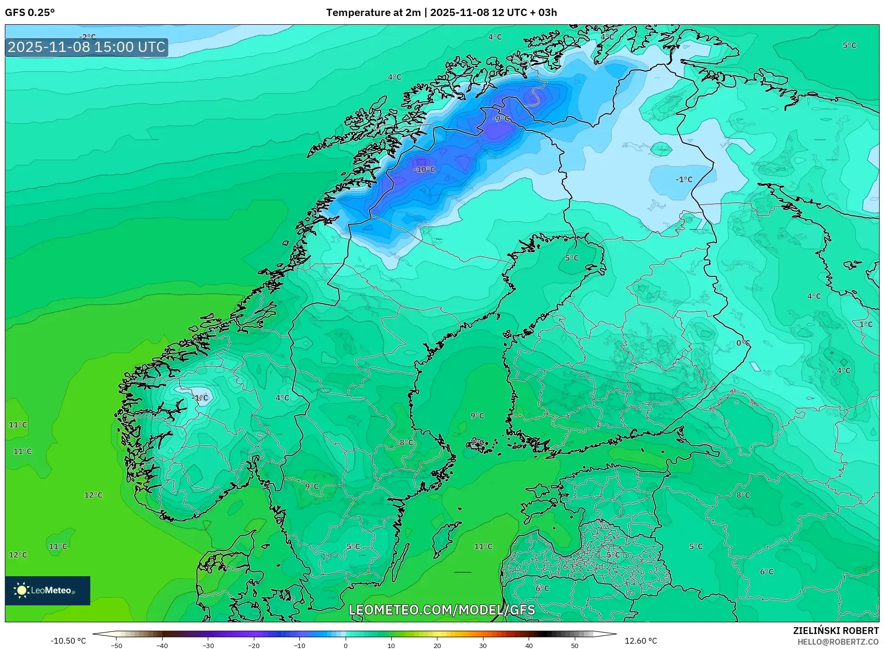 GFS model - Scandinavia, Temperature at 2m