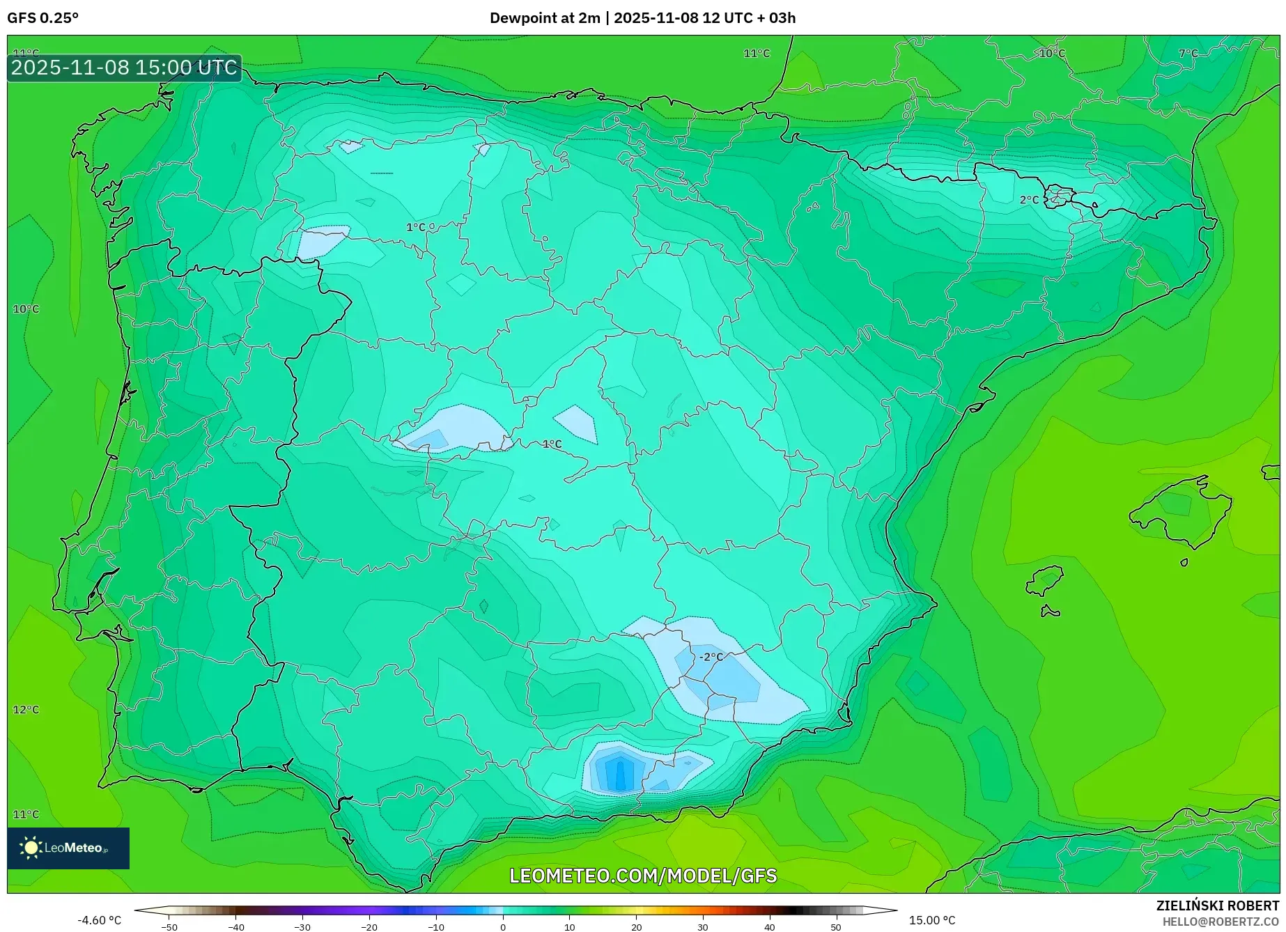 GFS model - Spain, Dewpoint at 2m