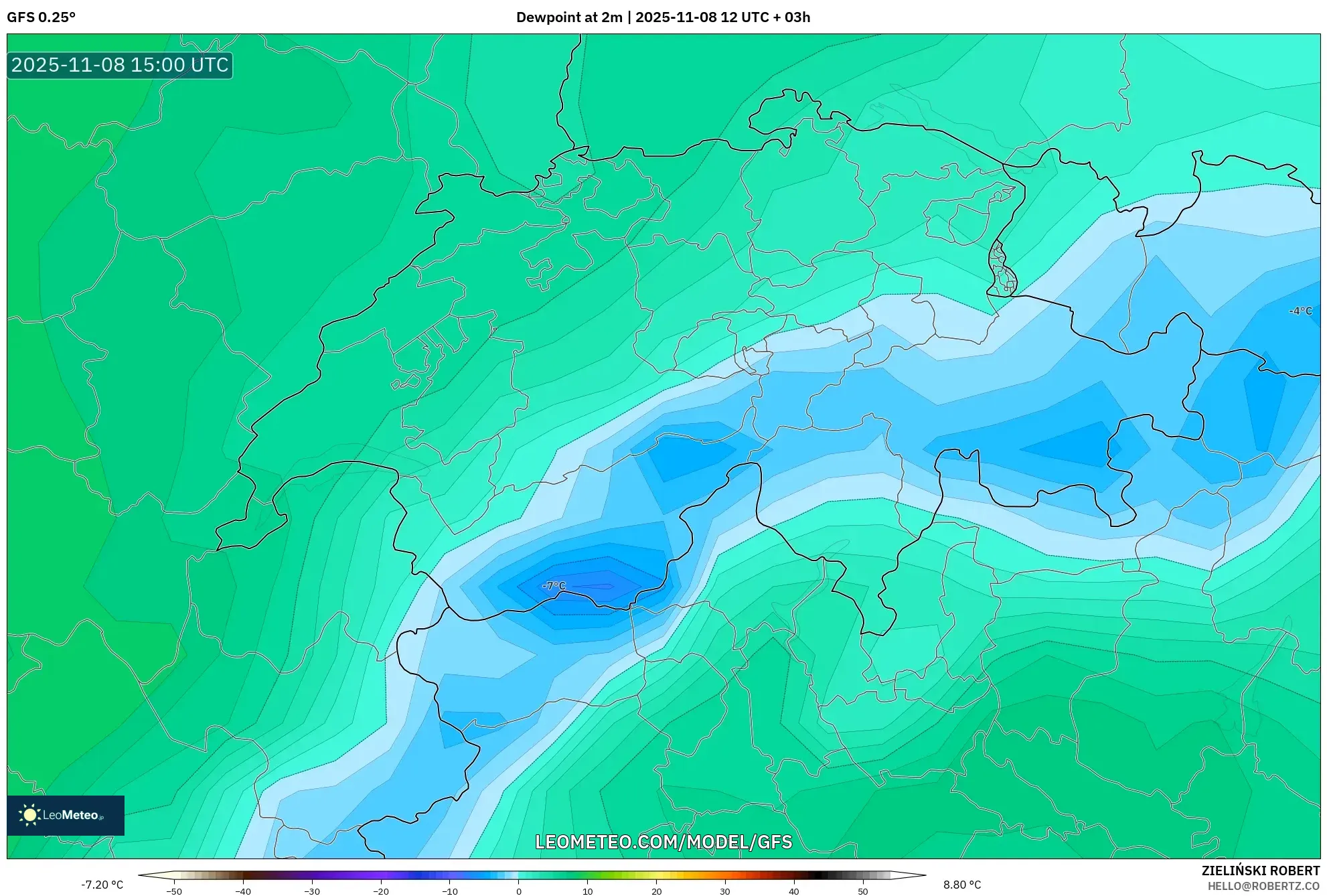 GFS model - Switzerland, Dewpoint at 2m