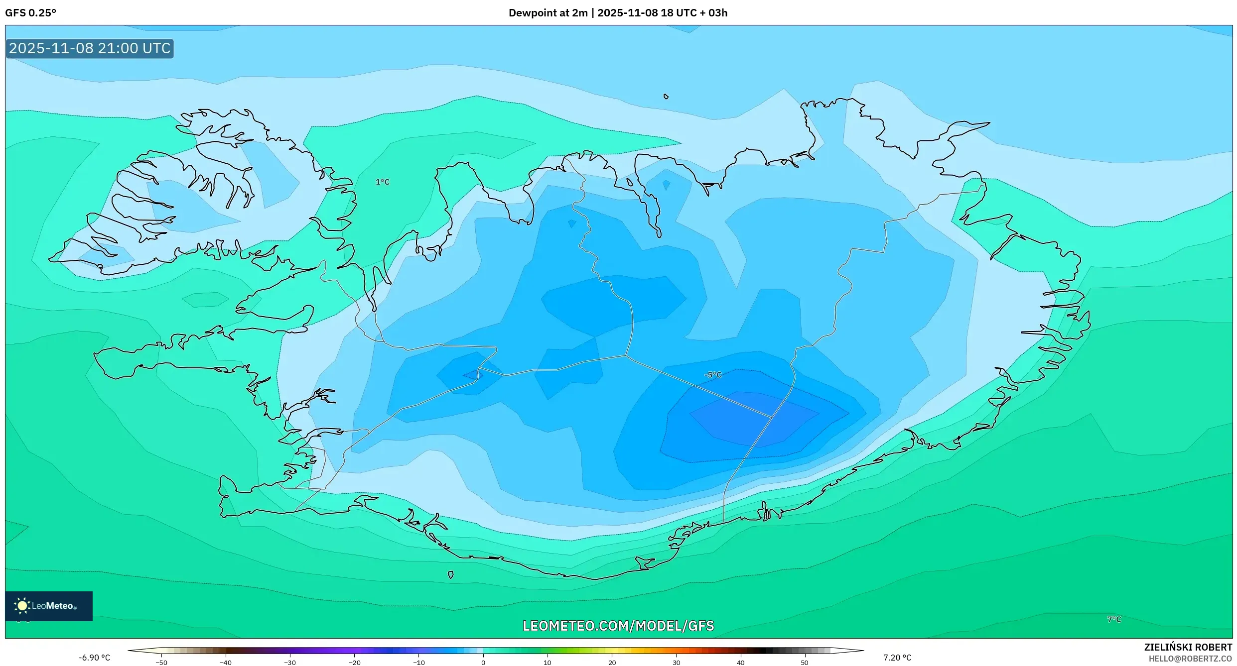 GFS model - Iceland, Dewpoint at 2m
