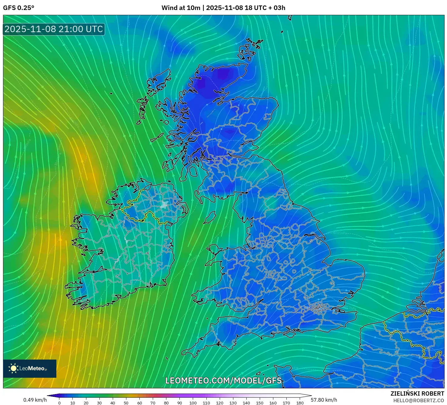 GFS model - United Kingdom, Wind at 10m