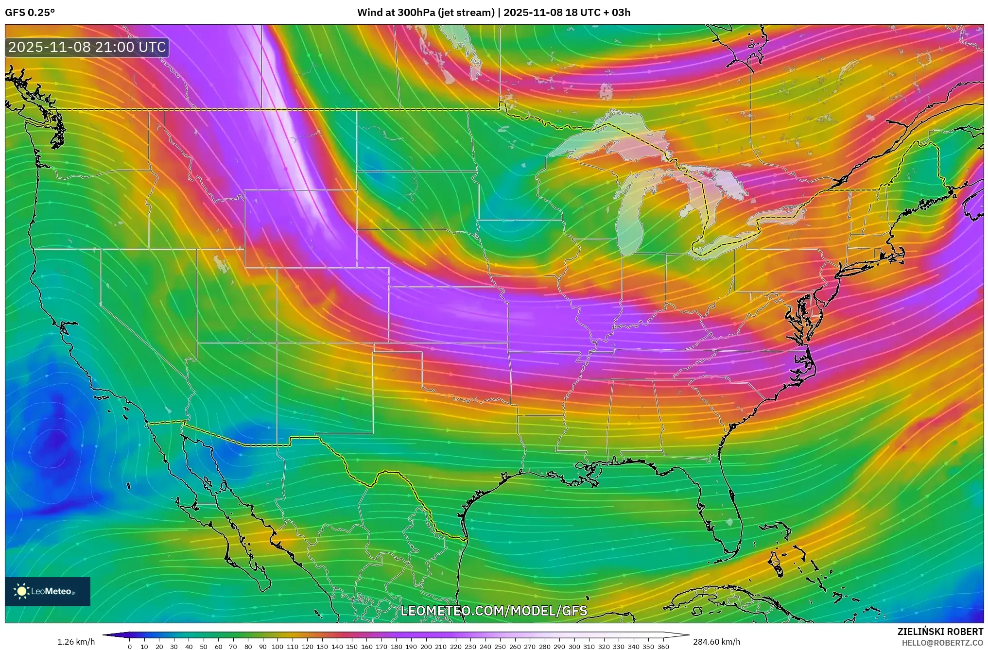 GFS model - United States, Wind at 300hPa (jet stream)