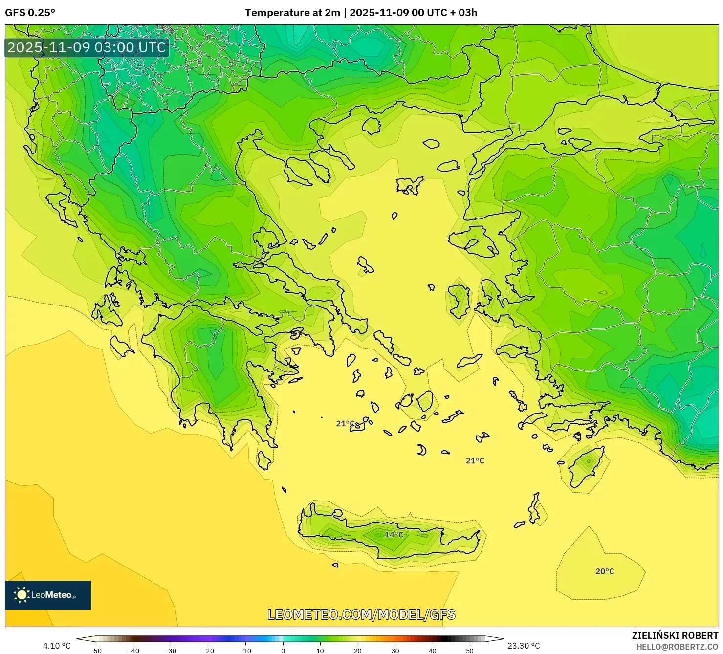 GFS model - Greece, Temperature at 2m