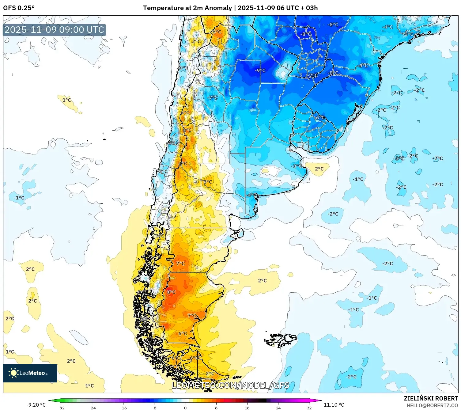 GFS model - Argentina, Temperature at 2m Anomaly