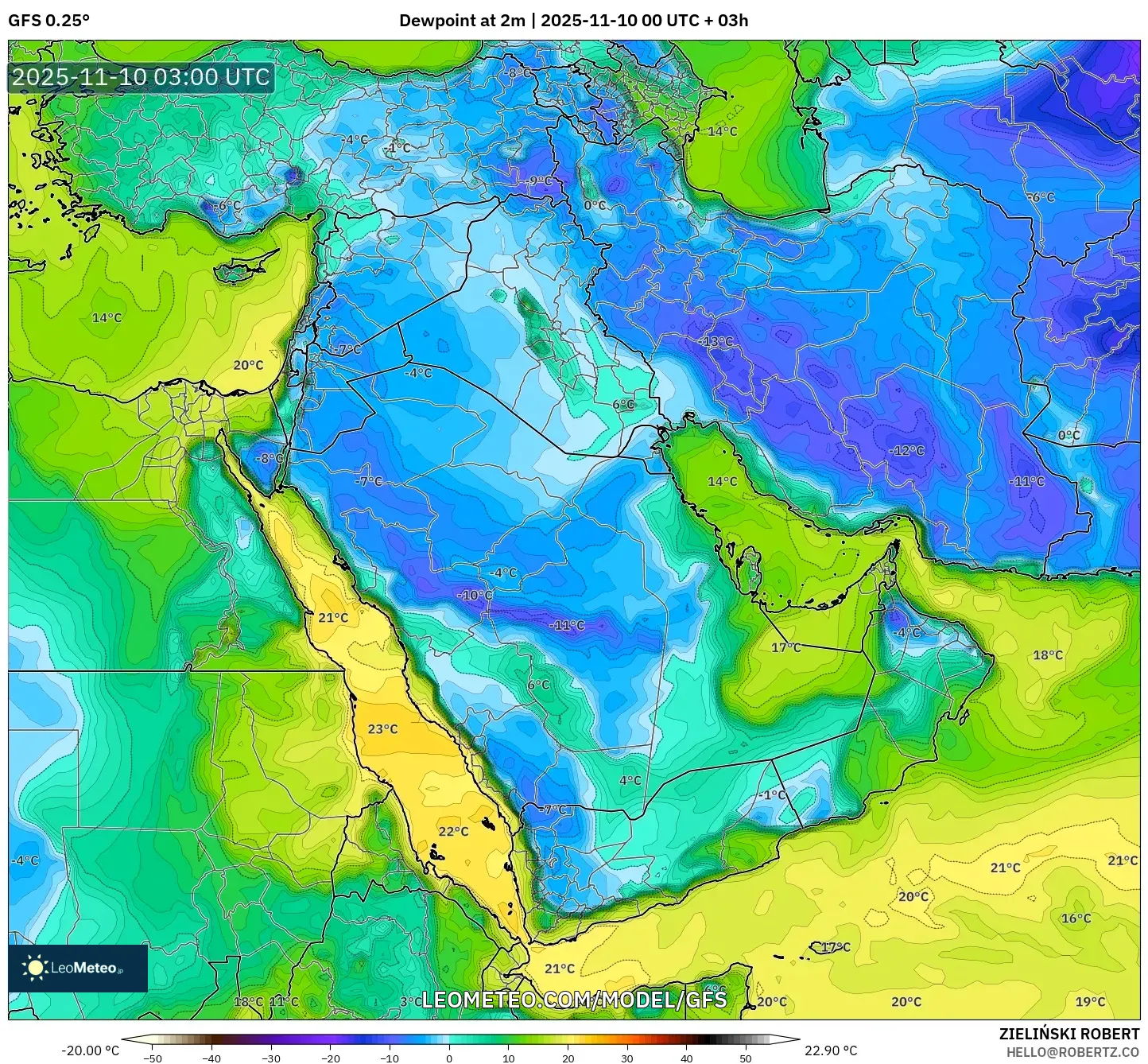 GFS model - Middle East, Dewpoint at 2m