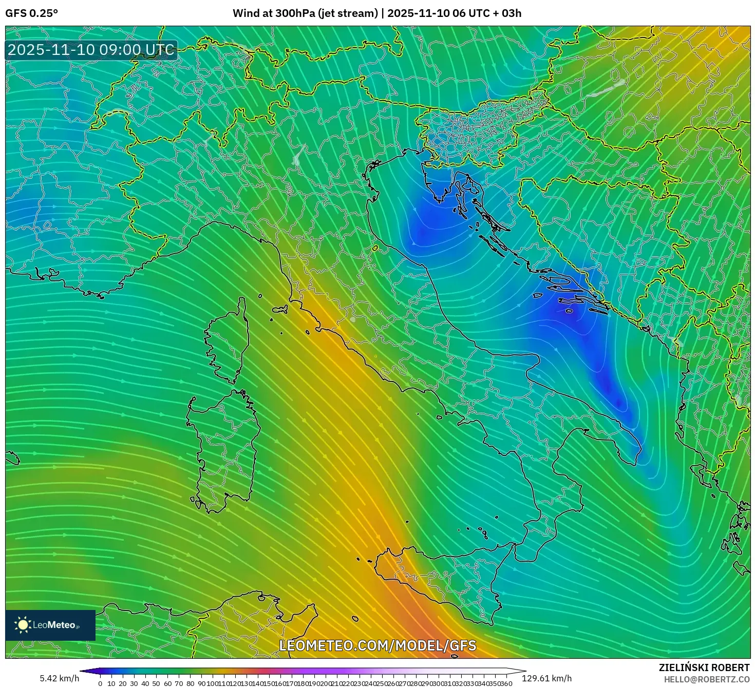 GFS model - Italy, Wind at 300hPa (jet stream)