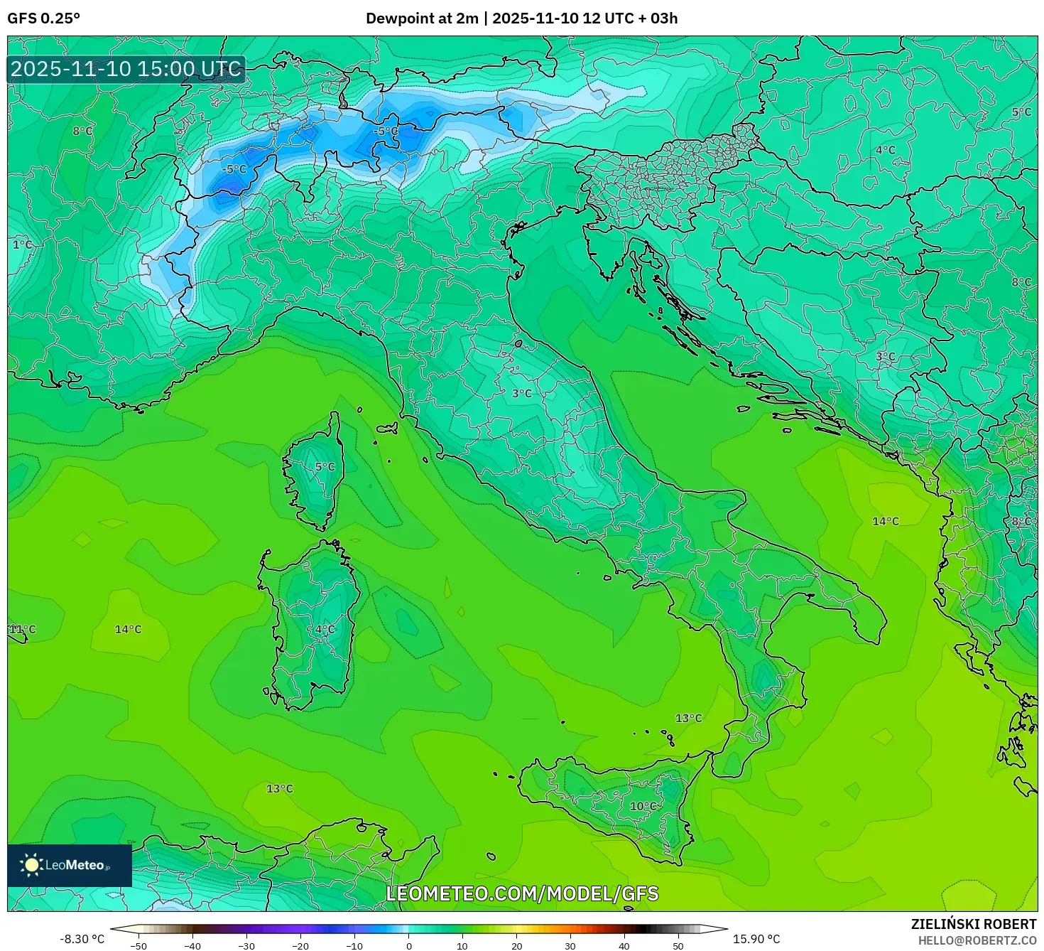 GFS model - Italy, Dewpoint at 2m