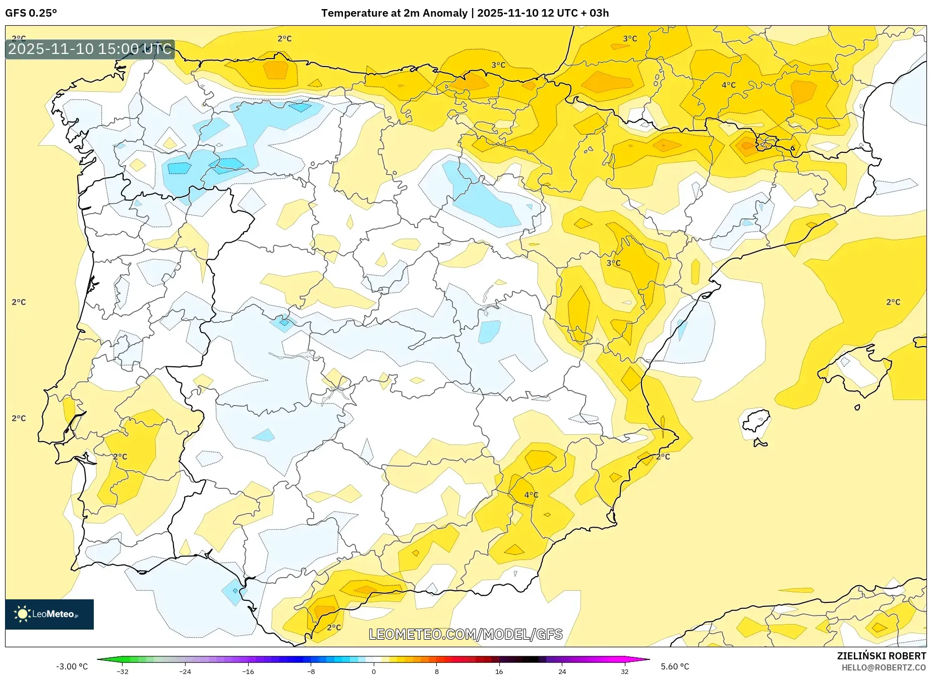 GFS model - Spain, Temperature at 2m Anomaly