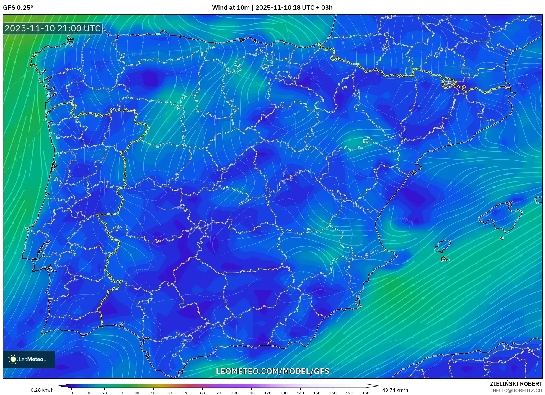 GFS model - Spain, Wind at 10m