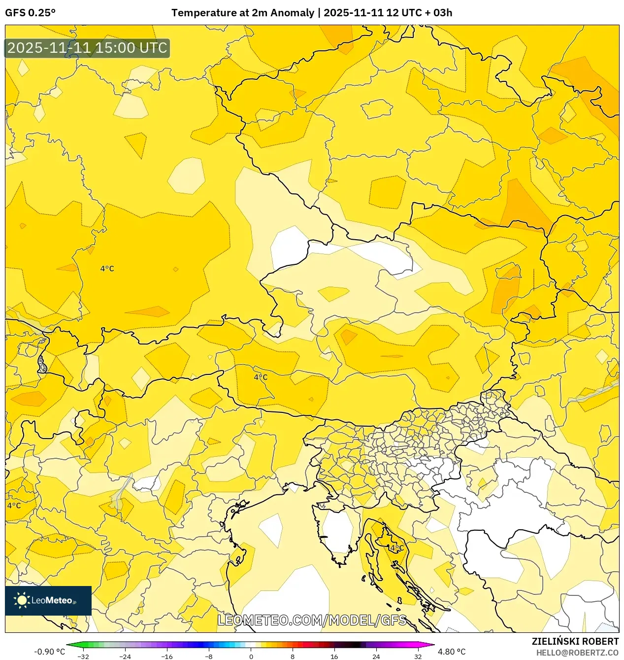 GFS model - Austria, Temperature at 2m Anomaly