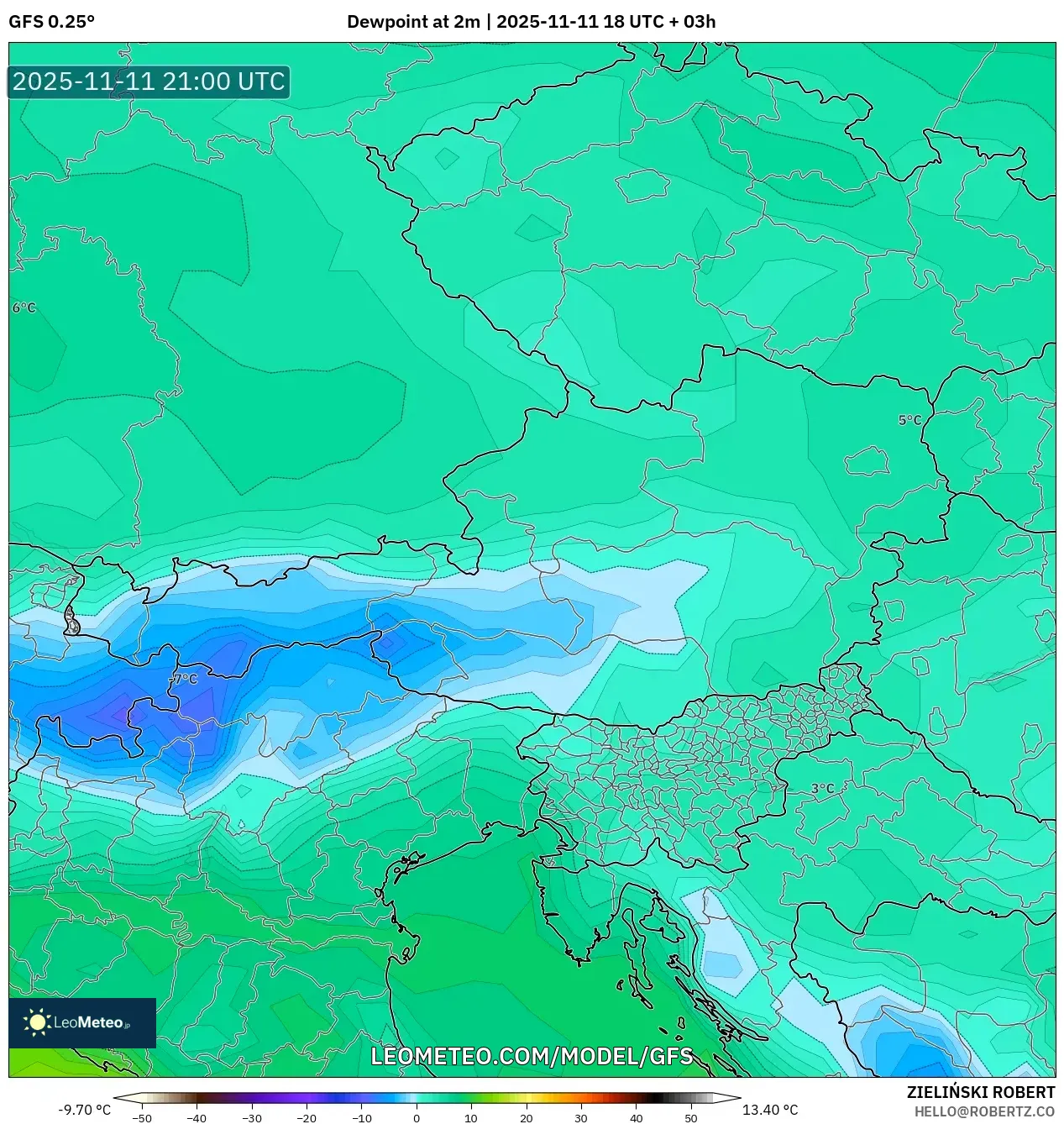GFS model - Austria, Dewpoint at 2m