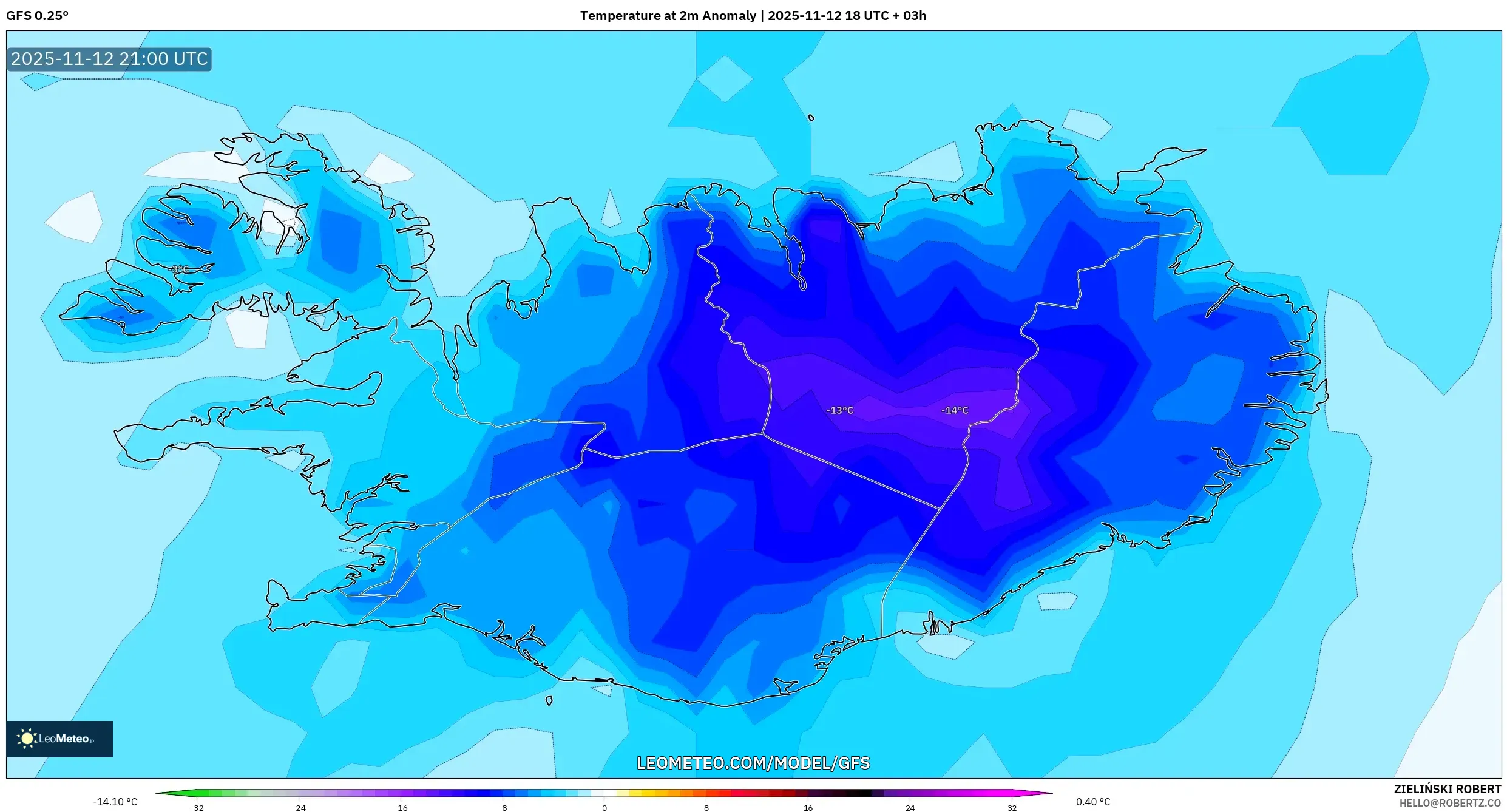 GFS model - Iceland, Temperature at 2m Anomaly
