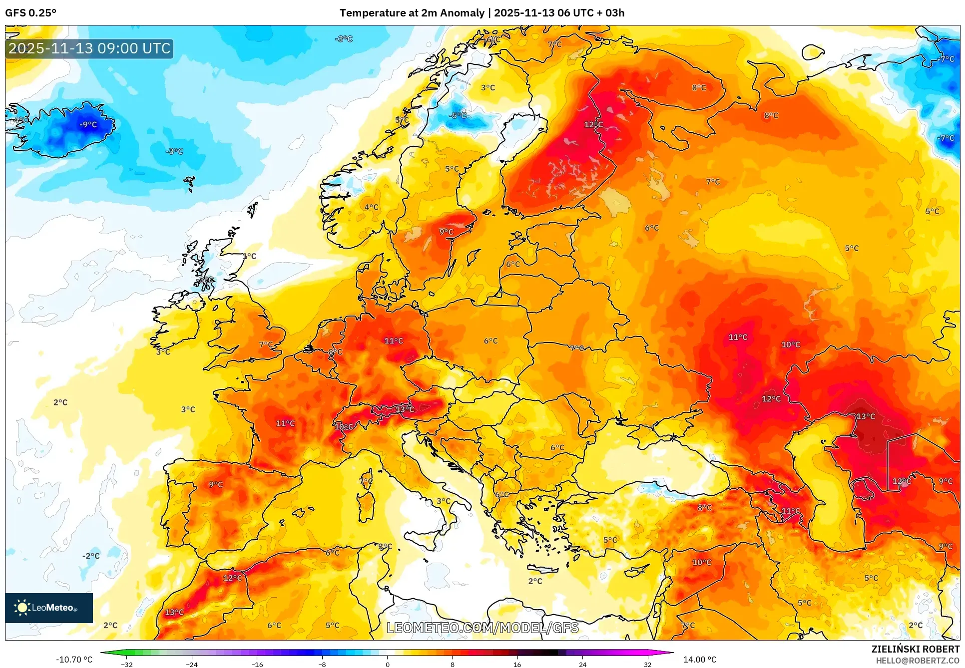 GFS model - Europe, Temperature at 2m Anomaly