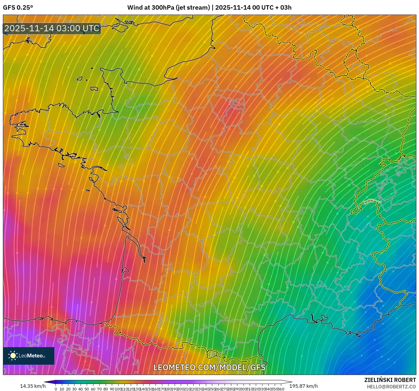 GFS model - France, Wind at 300hPa (jet stream)
