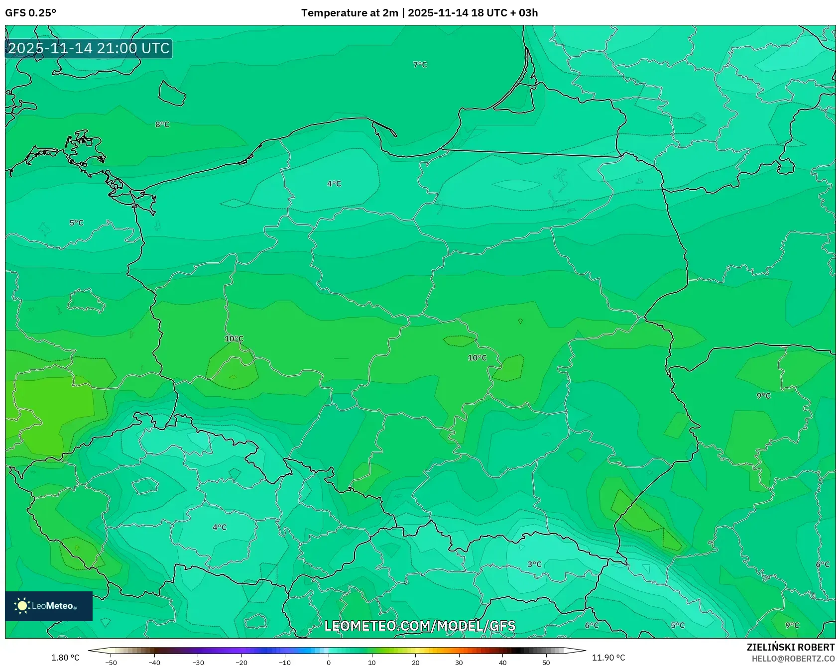 GFS model - Poland, Temperature at 2m