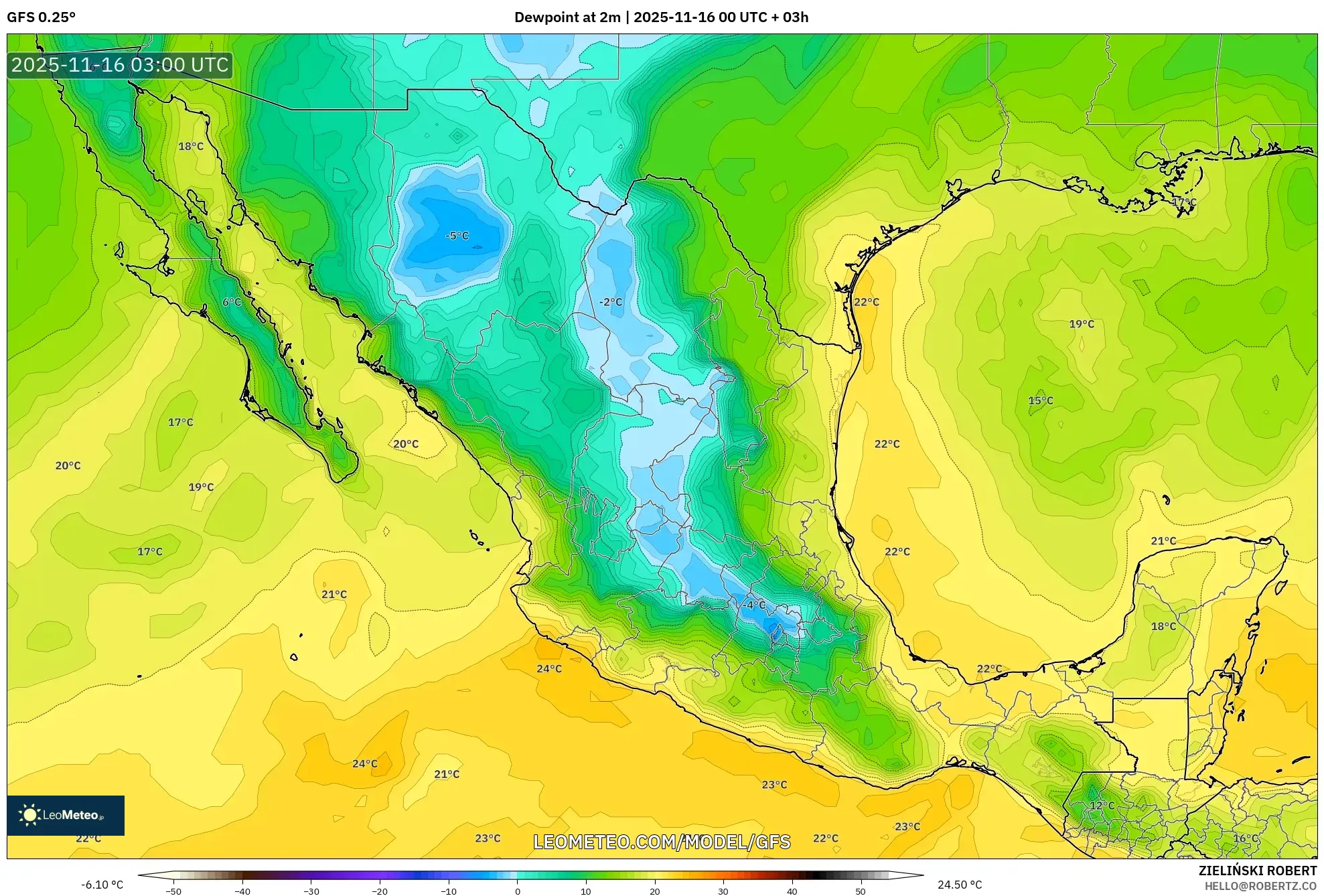 GFS model - Mexico, Dewpoint at 2m