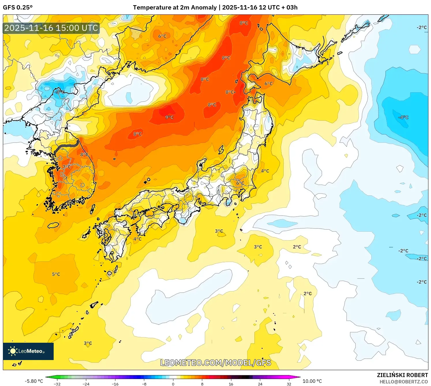 GFS model - Japan, Temperature at 2m Anomaly
