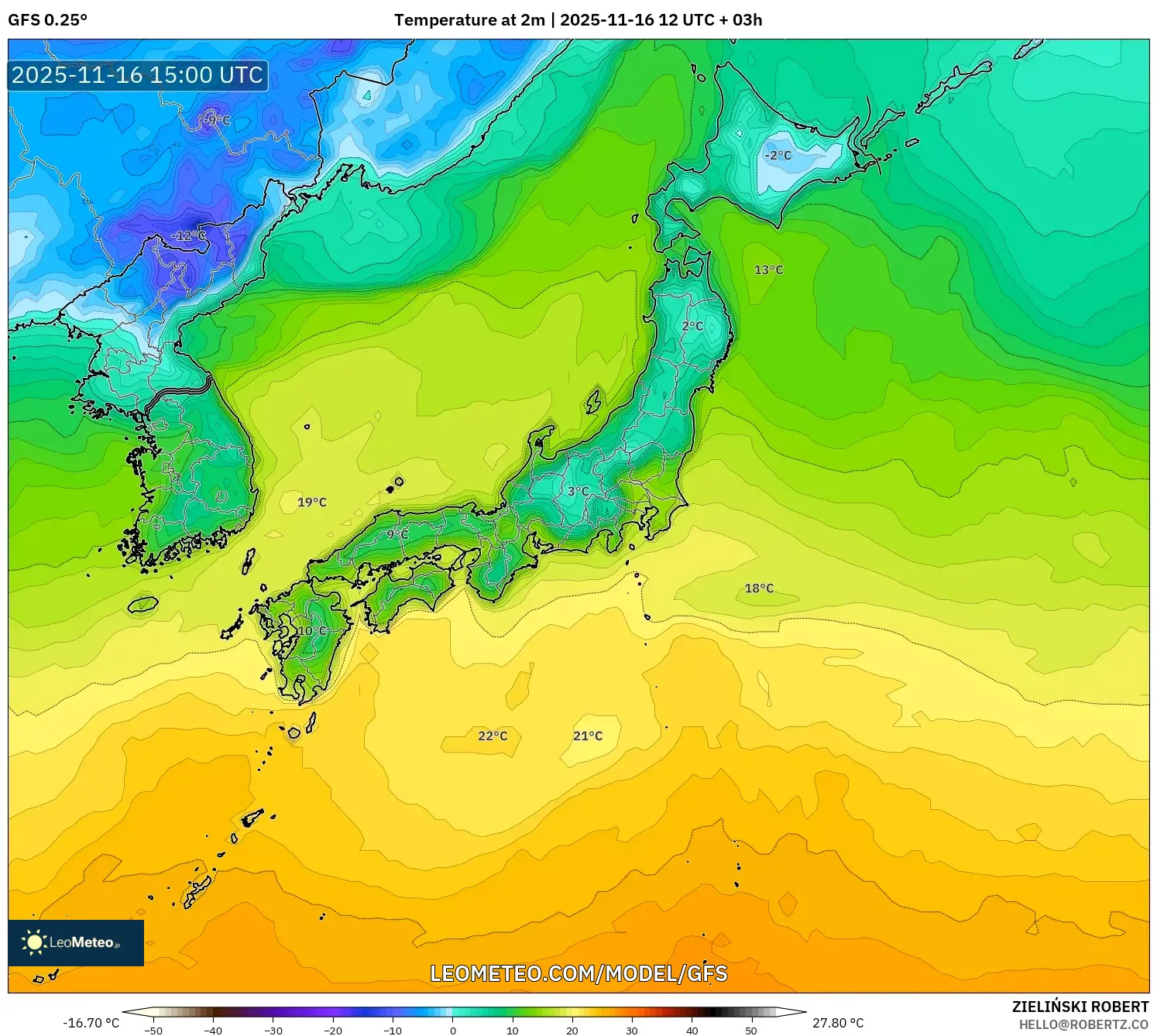 GFS model - Japan, Temperature at 2m