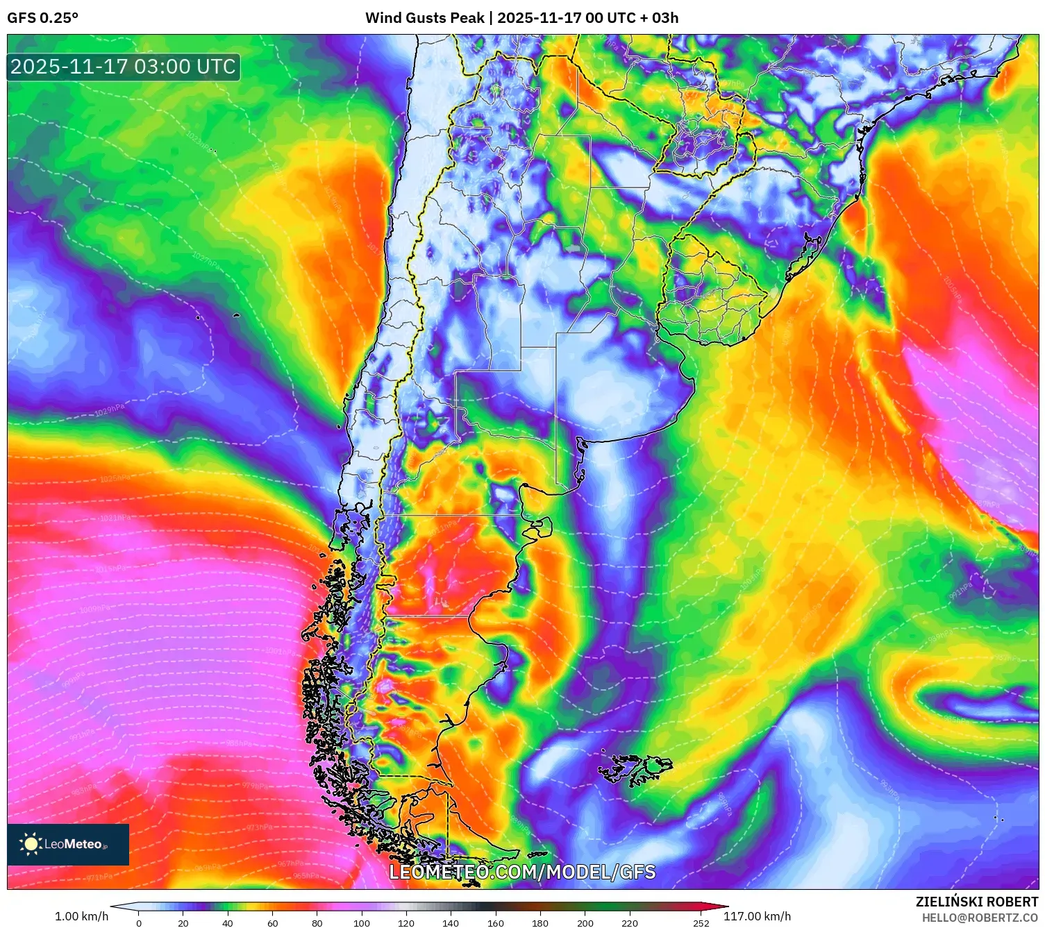 GFS model - Argentina, Wind Gusts Peak