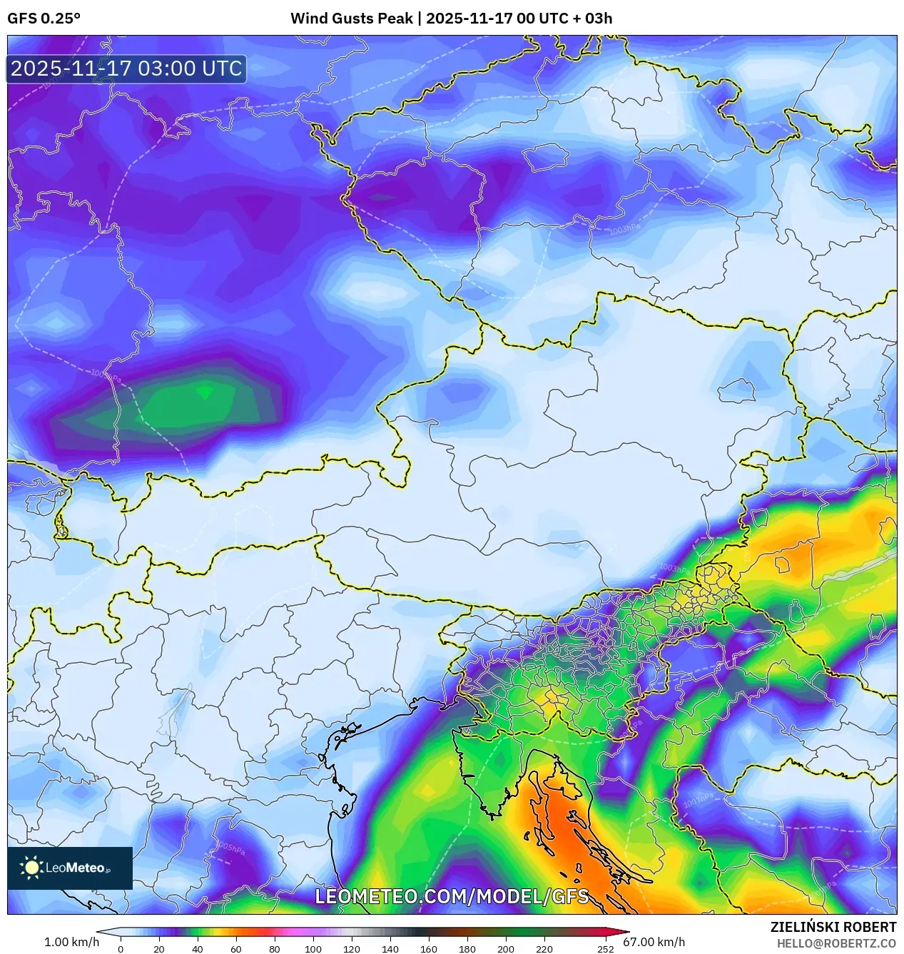 GFS model - Austria, Wind Gusts Peak