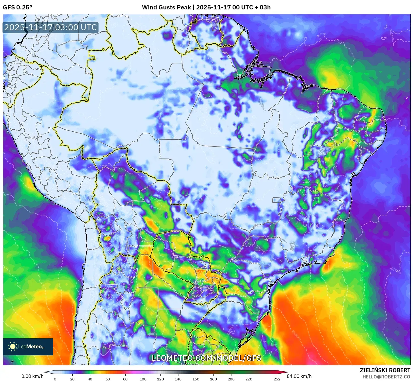 GFS model - Brazil, Wind Gusts Peak