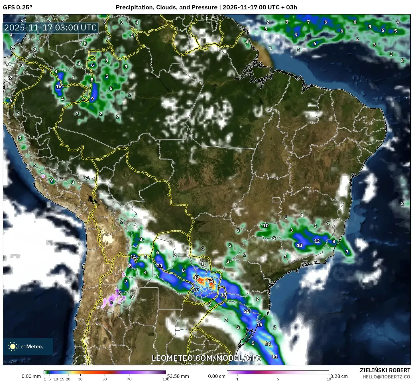 GFS model - Brazil, Precipitation, Clouds, and Pressure